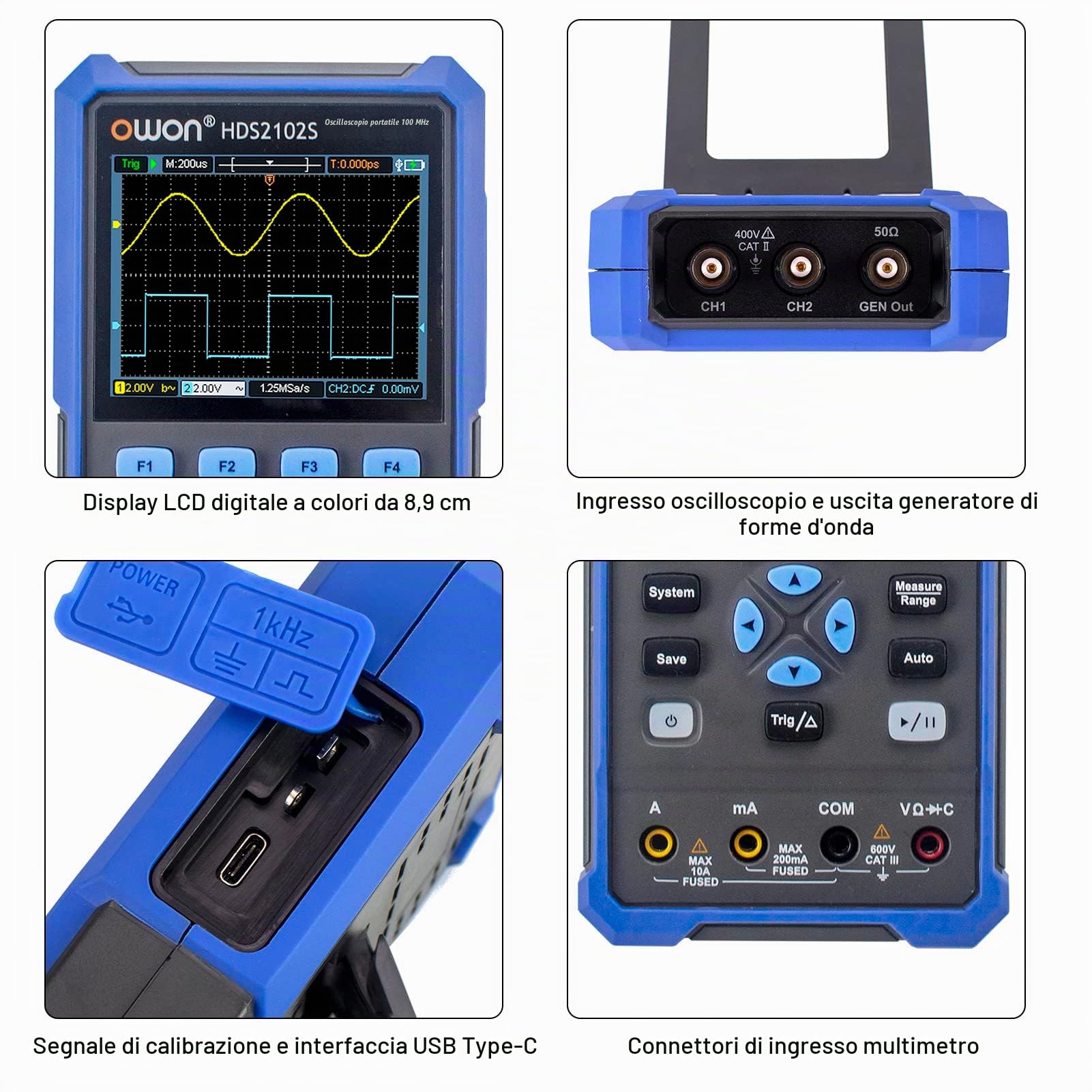 OWON HDS2102S Oscilloscopio portatile 2CH 100MHz larghezza di banda 20000 conteggi Multiumeter OSC + DMM + generatore di forme d'onda