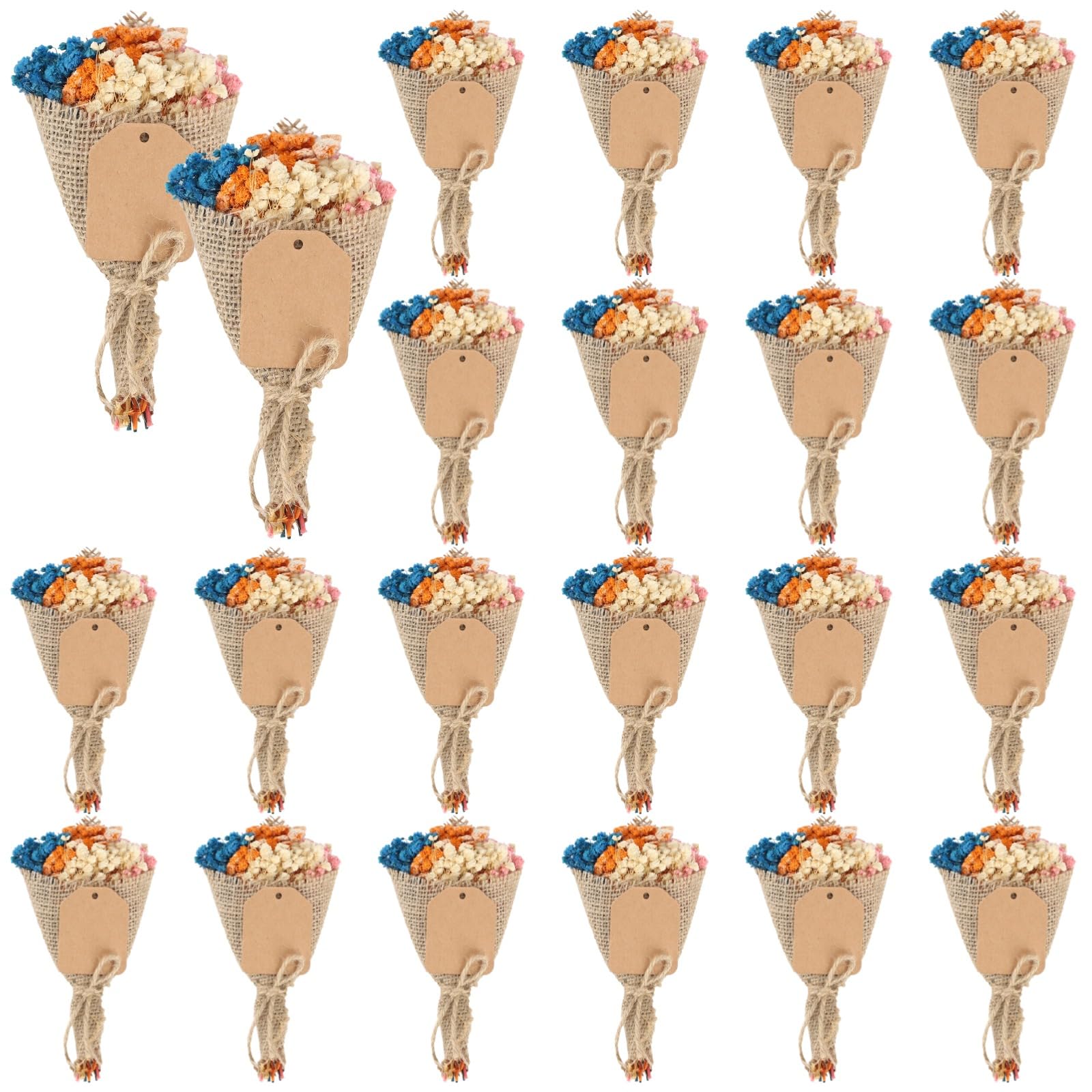 20 Stück Mini Gypsophila Trockenblumenstrauß-Set, bunt in Jute gewickelt mit Thank-You-Tags, als Gastgeschenke für Hochzeit und Party, Größe 6,3 x 3,1 Zoll