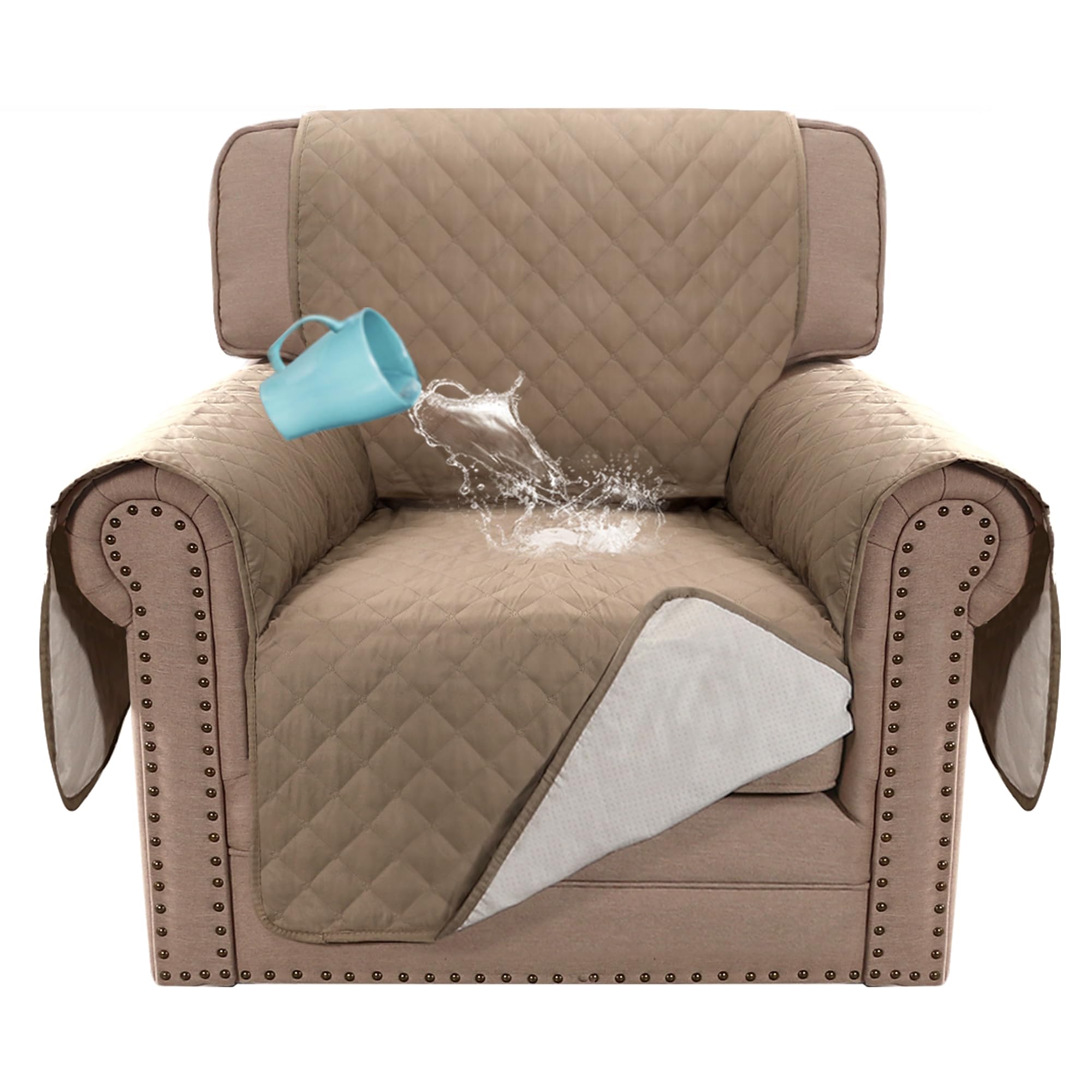 BellaHills Sofa Cover 100% Waterproof Sofa Covers 1 Seater Armchair Covers Triple Non-Slip Sofa Slipcovers for 1 Cushion Chair Washable Sofa Protector for Kids/Pets (Chair 23",Khaki)