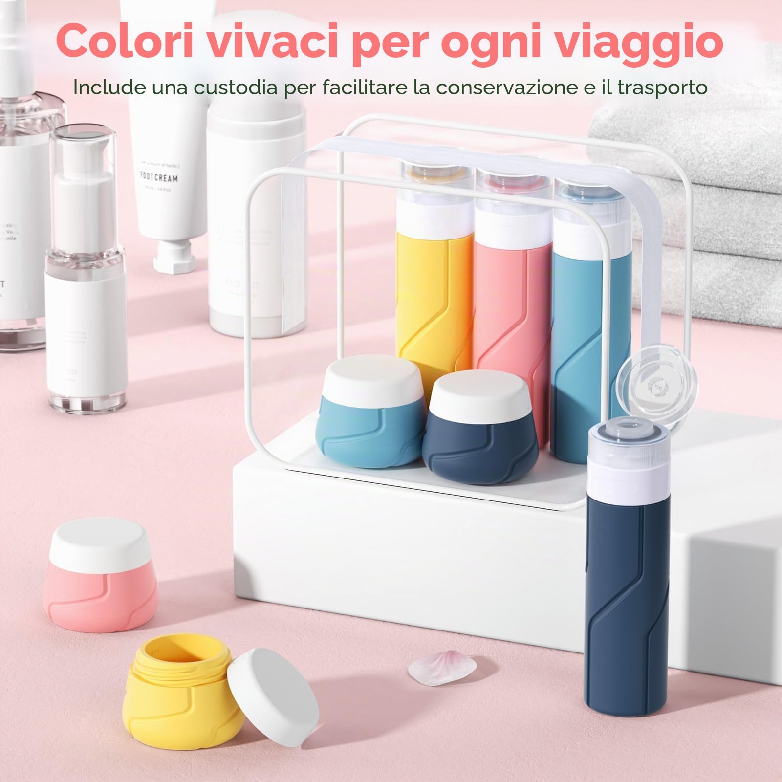 Alyvisun Set da 14 Contenitori da Viaggio in Silicone, Flaconi da Viaggio 100 ml & Vasetti 30 ml con Accessori, Kit Viaggio Liquidi Antiperdita e Ricaricabile per Shampoo, Lozione, Creme