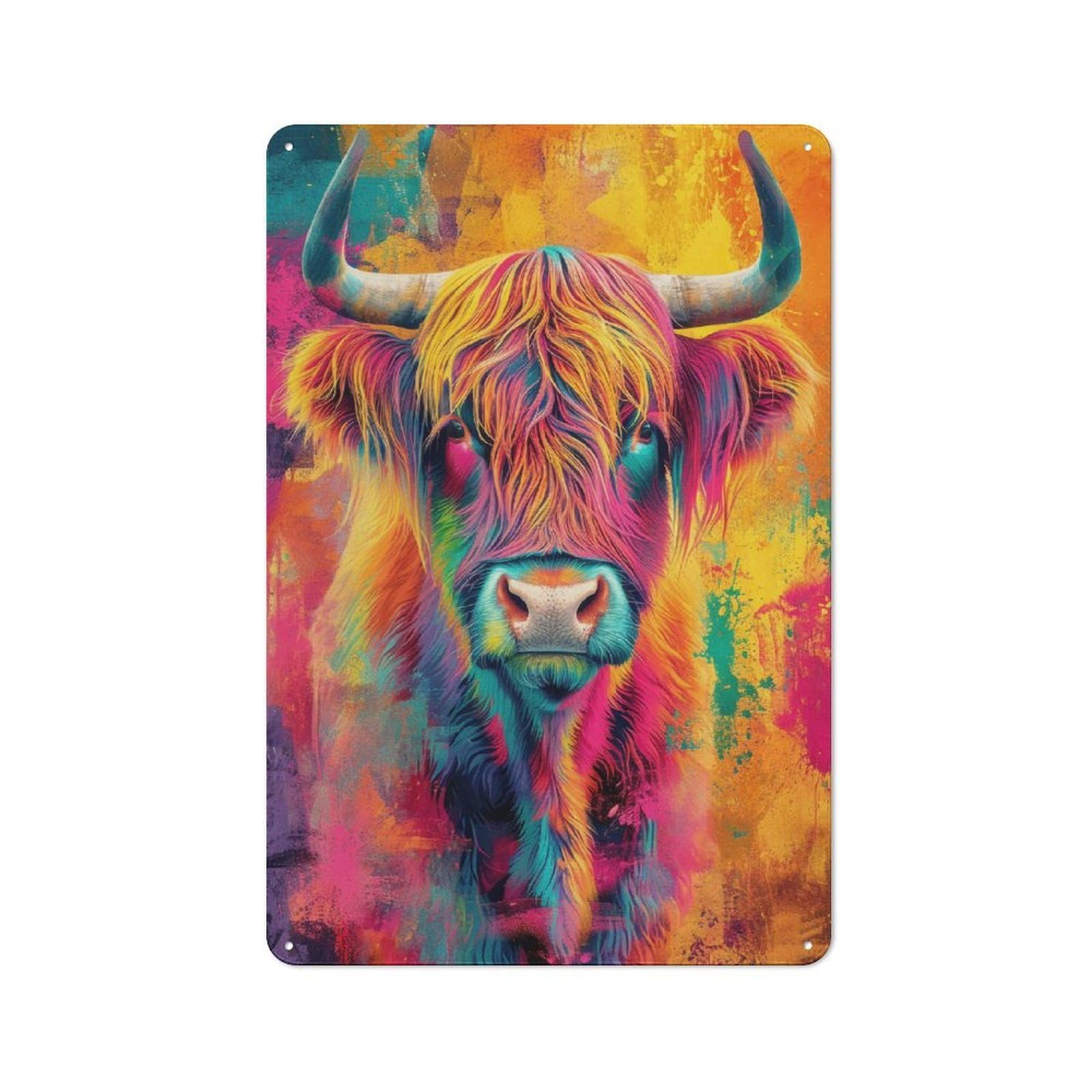 Junmoney Style-9 Highland Cow Colorful Art Retro Metal Sign 30X20cm For Garage Or Workshop, With Clear Retro Wall Decor Character