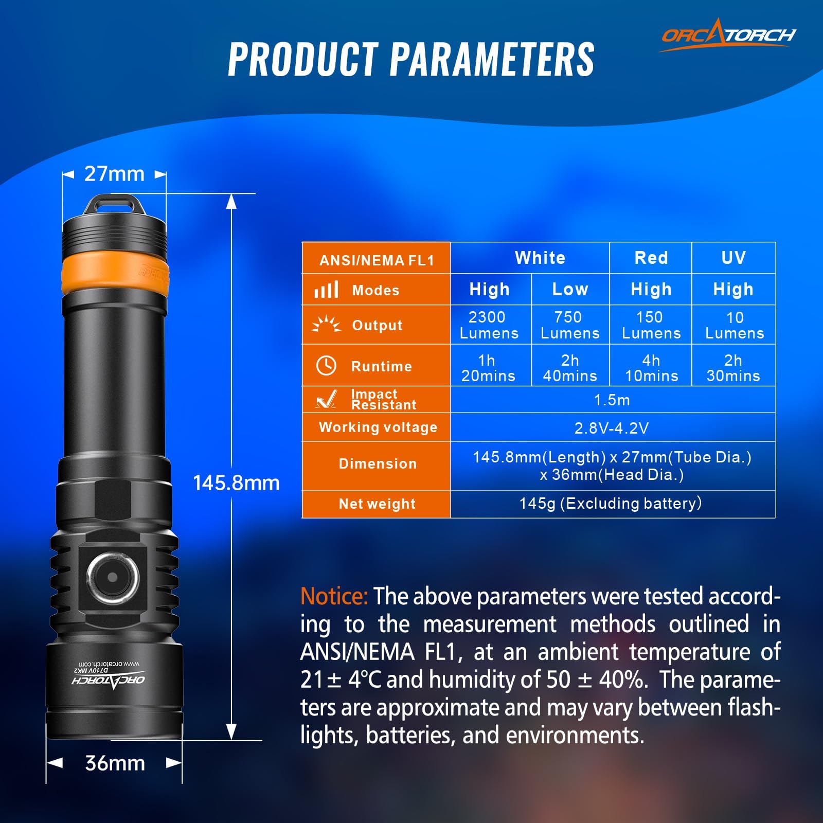 ORCATORCH D710V MK2 Tauchlampe, 2300 Lumen Tauchen Taschenlampe mit Weiß+UV+Rot für Video Fotografie, IP68 wasserdichte LED Tauchen Licht für Unterwasser 150M Nachttauchgänge, Wracktauchen, Camping