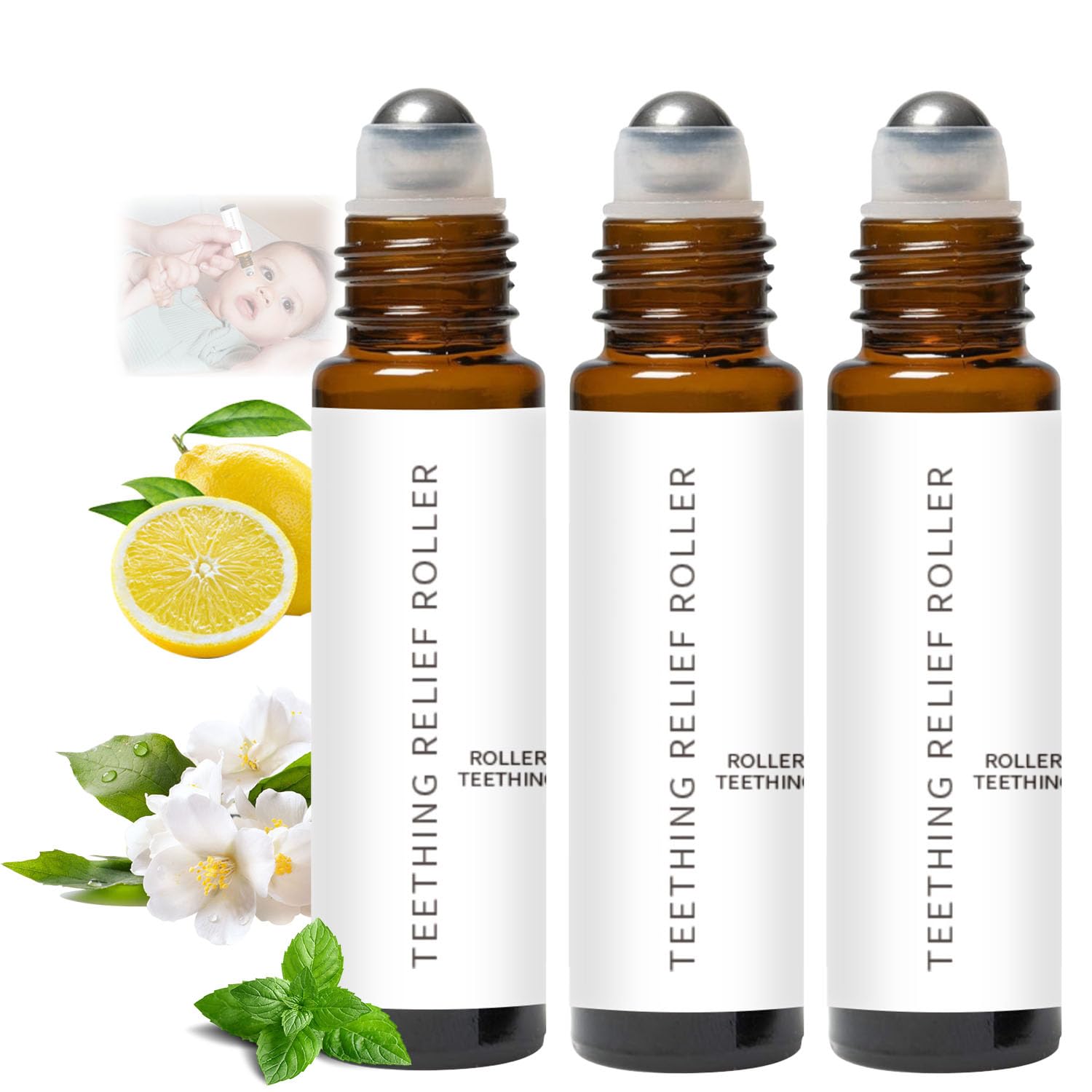Velaria - 3 rodillos de dentición totalmente naturales para bebés, rodillo de aceite de dentición para bebés, rodillo de alivio natural, 10 ml
