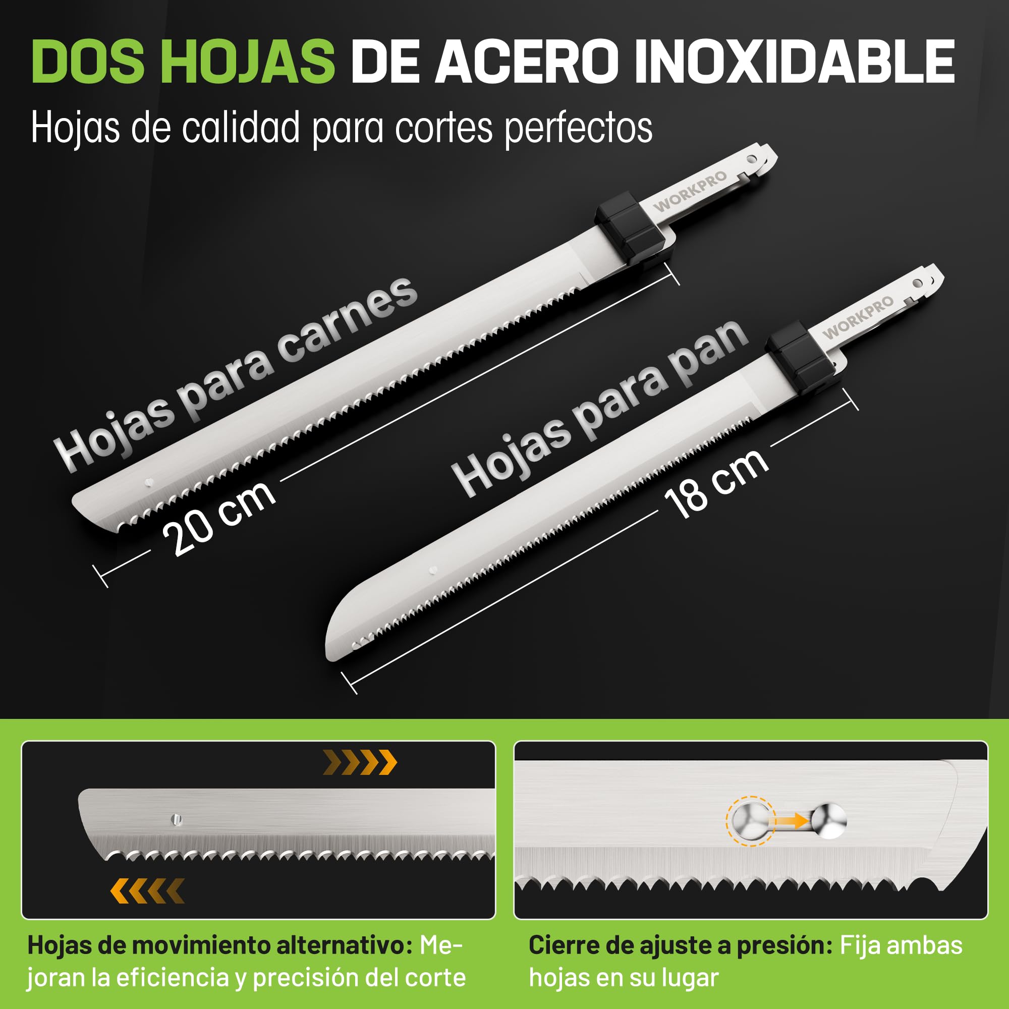 WORKPRO Cuchillo Eléctrico Inalámbrico 8V, Lavable en Lavavajillas, con Caja de Almacenamiento, 2 Cuchillas de Acero Inoxidable, Tenedor, Ideal para Carne, Pan, Jamón y Queso