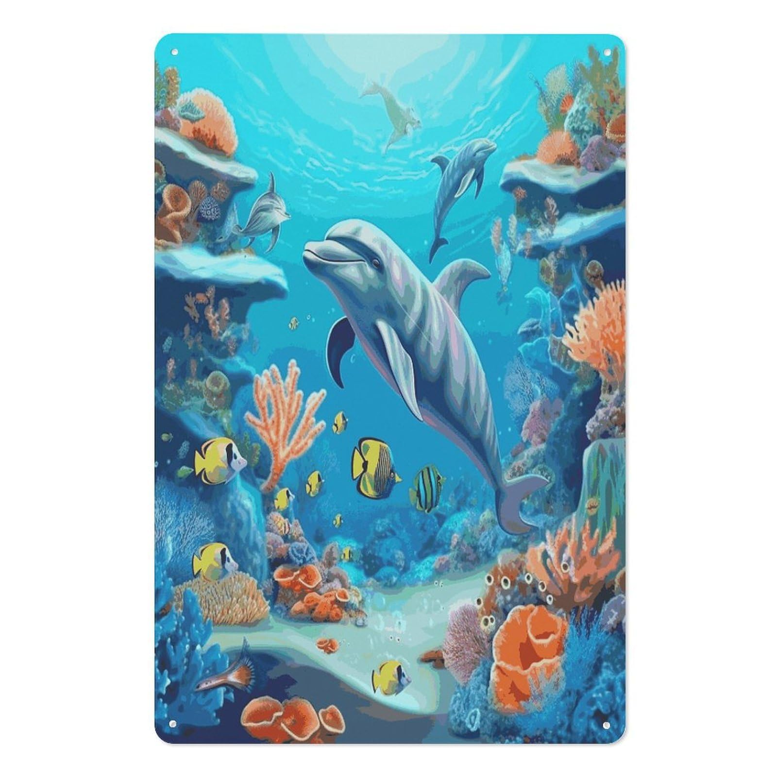 Adfgyerh Style Seabed Coral Fish Dolphins Tin Sign Hanging Art Prints,Wall Decor For Gifting And Party Decoration 7.9X11.8 Inch,Wall Art For Home Garden Greenhouse Living Room Bedroom Yard