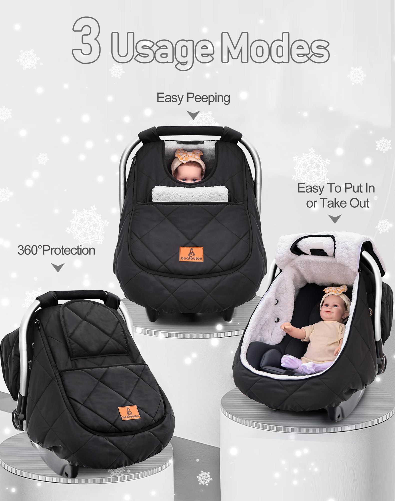 beatoutou Housse de siège auto d'hiver pour bébé, imperméable pour garçons et filles, pour temps froid, garde les bébés au chaud et confortable (noir)