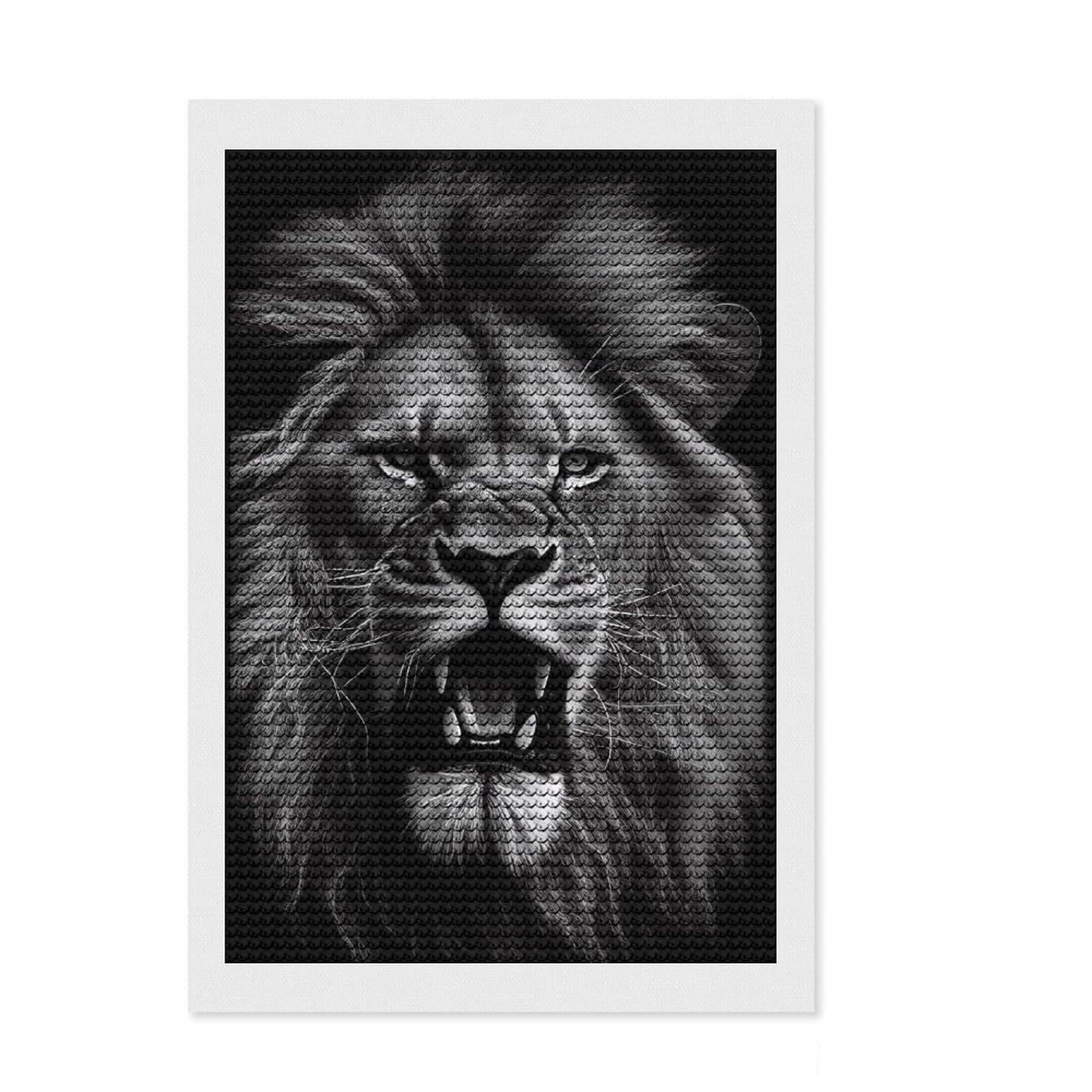 Junmoney Angry Lion Black and White Diamond Art Kit 8"x12", for Teens, Home Wall Decor, Easy to Enjoy, Holiday Gift Idea, Calming Craft to Unwind