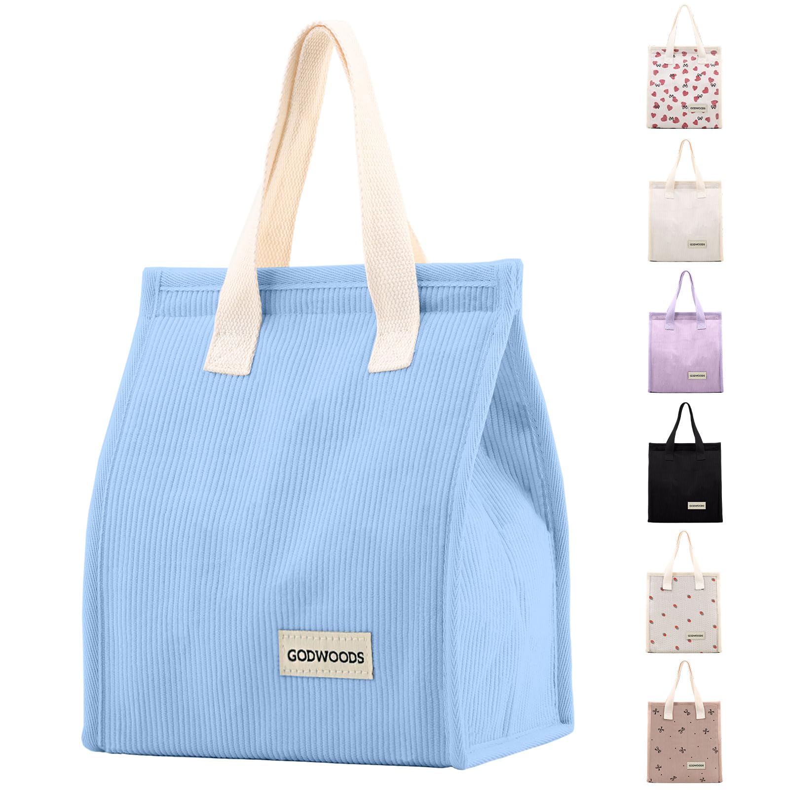GODWOODS Lunch Bag for Women Men Cute Corduroy Lunch Tote Bags Reusable Insulated Lunch Box Large Capacity Cool Bag for Work Picnic or Travel (Light Blue) — image 1