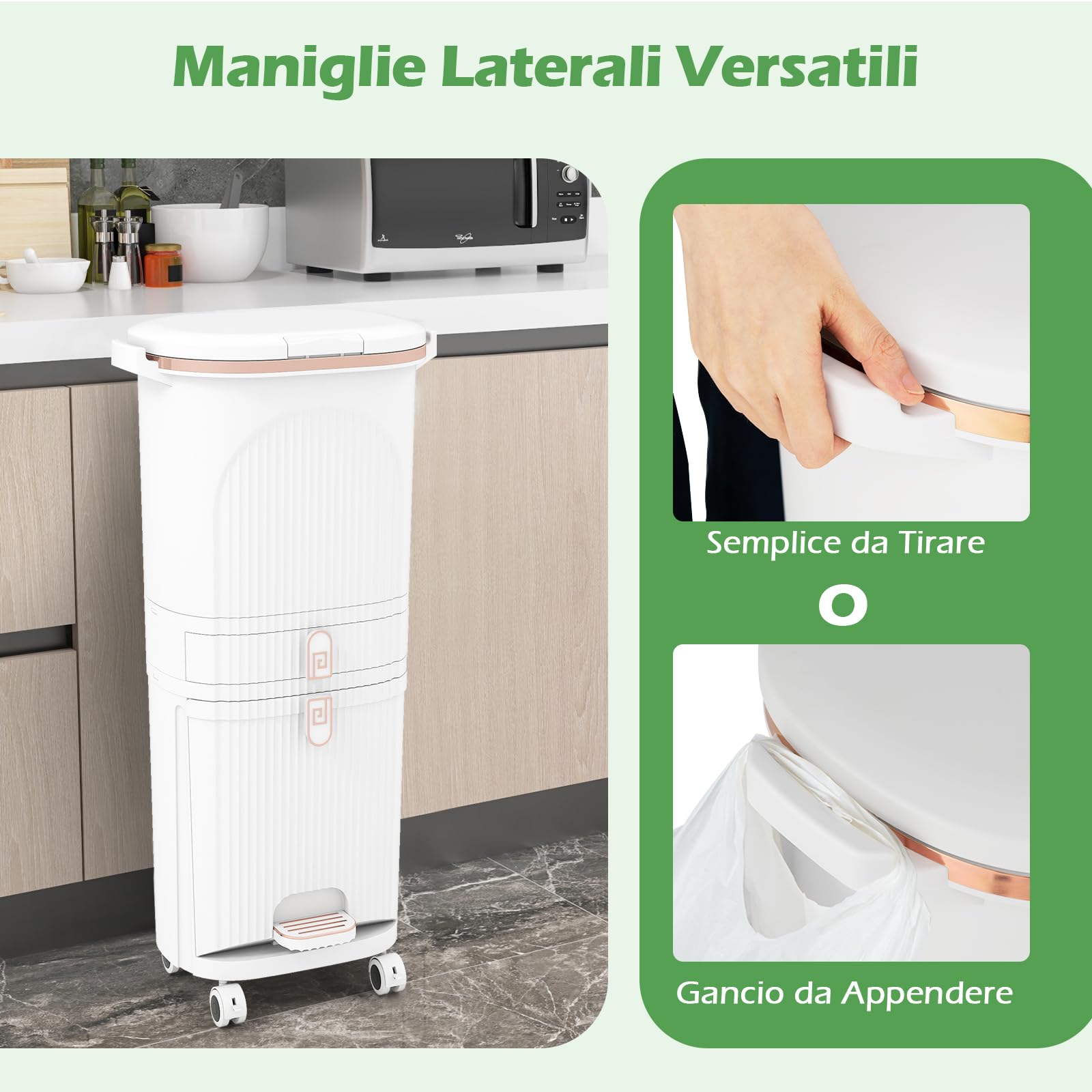 COSTWAY 42 L（12+12+14+4 L） Pattumiera Differenziata, Secchio Spazzatura a 3 Scomparti con Cassetto e Coperchi, 2 Secchi Rimovibili Pedale e Ruote, Bidoni Differenziata per Bagno Cucina Ufficio