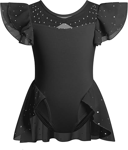 Ballet Leotards for Girls Sheer Mesh Rhinestone Neck Ruffle Sleeve Kid Gymnastic