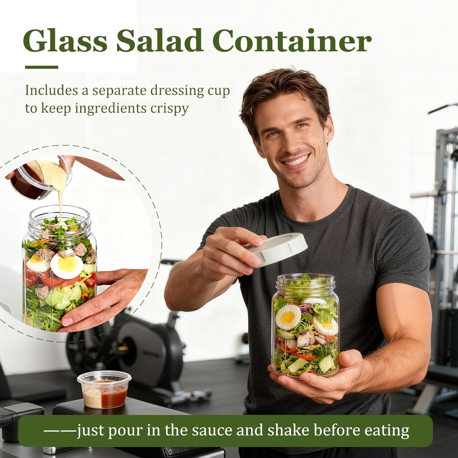 Glass Salad Jars with Lids, Salads Mason Jars with Dressing Cup, Portable Salad Pod Jar, Leakproof Salads Jar Container for Lunch, Meal Prep Containers, Keep Food Fresh & Crisp, BPA Free, 32oz 4Pack - Image 6