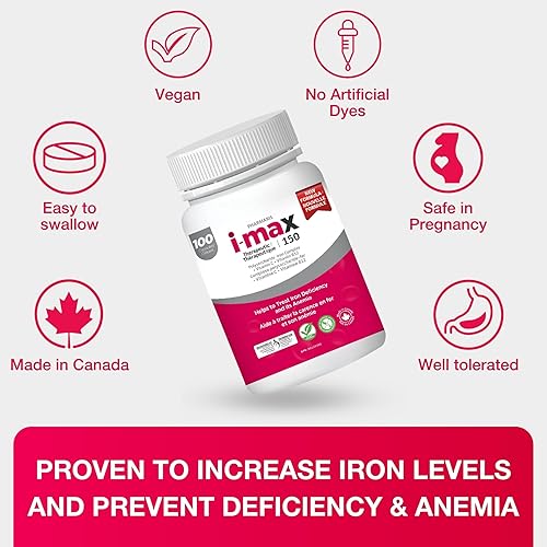 Miniatura 6 de i-max Suplemento de hierro de 150 mg, vitamina C 250 mg y B12 1000 mcg, tratamiento de suplemento de hierro para mujeres y hombres, una vez al día,