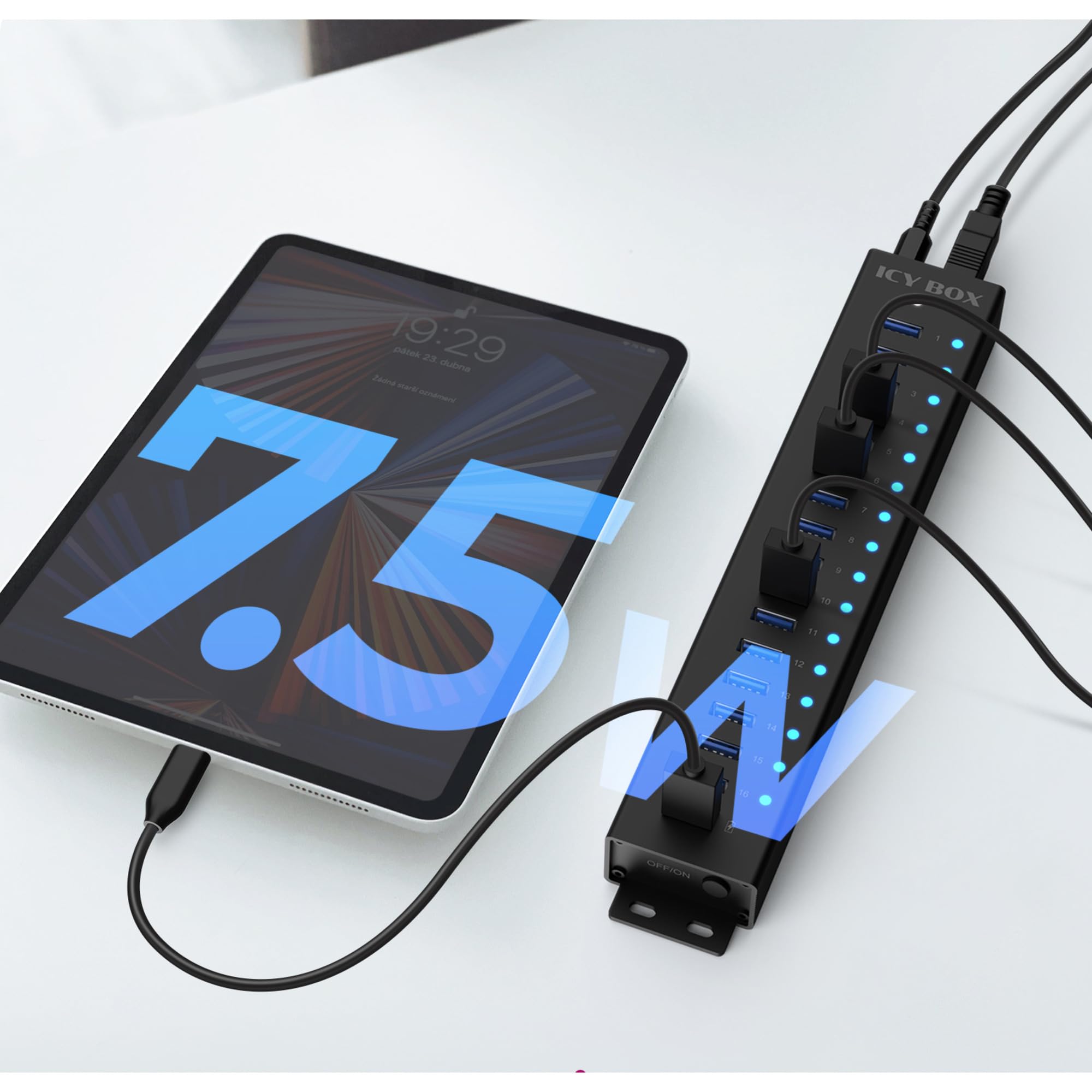 ICY Box Hub USB (17 Ports) 16 Ports USB & 1 Charge USB, USB 3.2 Gen 1 (5 Gbit/s par Port), avec Bloc d'alimentation 96 W, USB-A, Aluminium, IB-HUB1717-U3