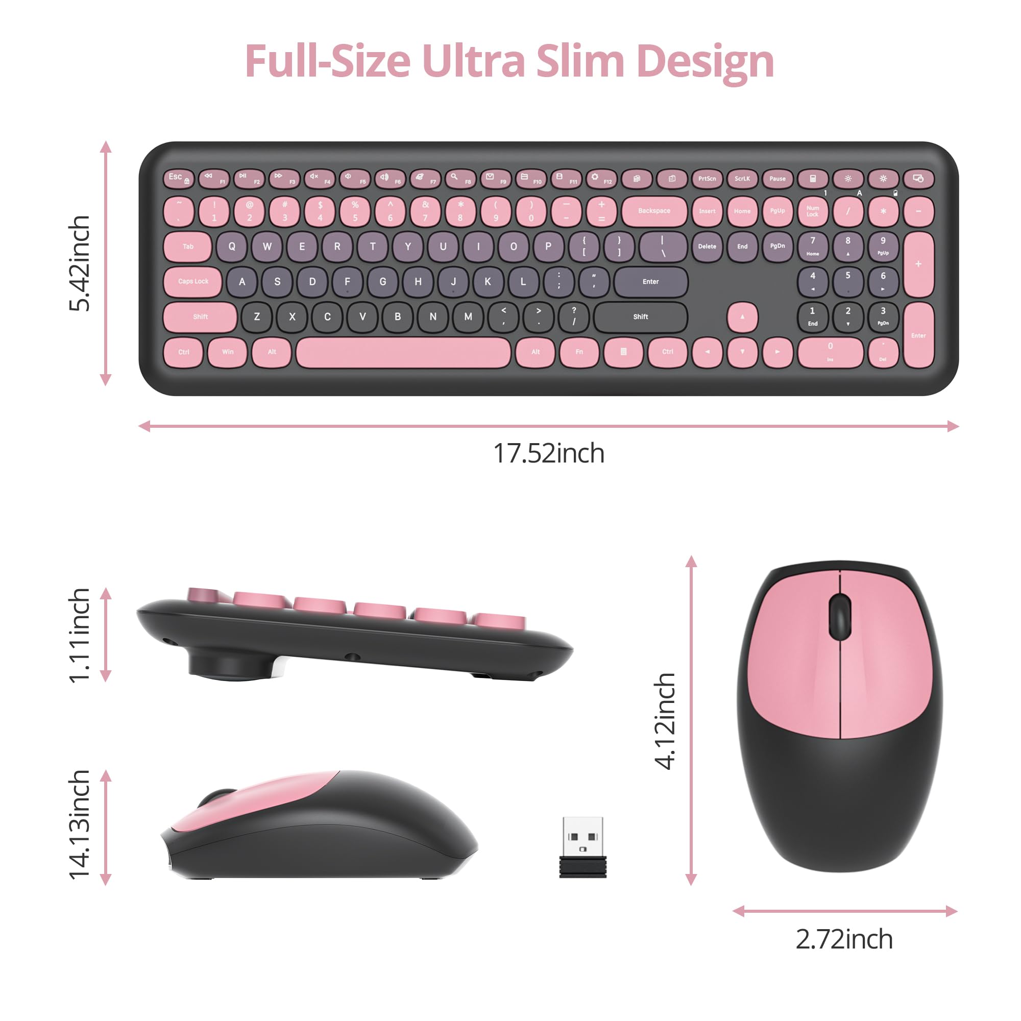 Klawiatura i mysz bezprzewodowa, retro kolorowa klawiatura radiowa z cichą myszką, amerykańska QWERTY, słodka bezprzewodowa maszyna do pisania, pełnowymiarowa, USB 2,4 GHz do PC (Pink Plum)