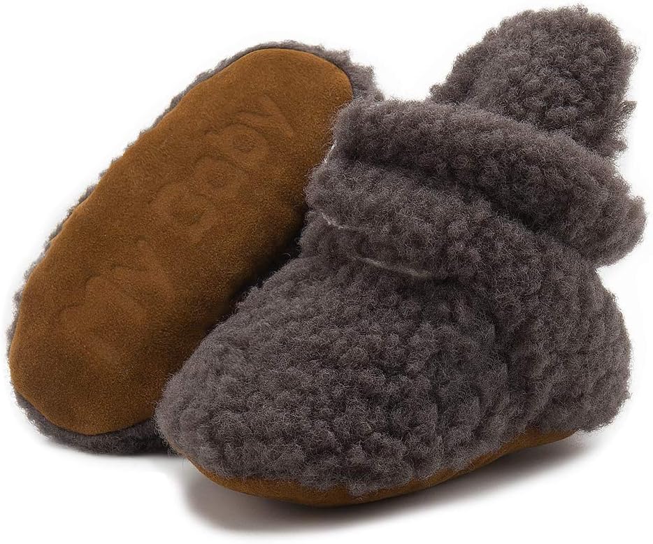 Sawimlgy Newborn Infant Baby Girl Boy Cotton Booties Stay On Sock Slippers Soft Bedroom Shoes Non-Skid Ankle Boots With Grippers Toddler Crib Warm Shoe First Walker Birthday Shower Gift 3-6 Months Infant 4099/Dark Grey
