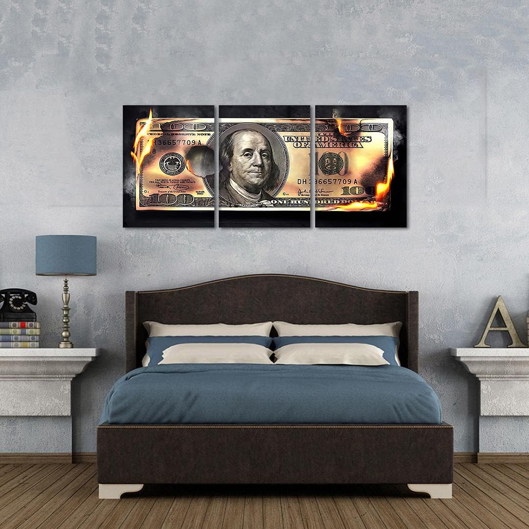 Money Posters Wall Art 3 Panels 100 Dollar Bill Pictures Canvas Prints Art Modern Burning Dollar Posters Wall Decor Artwork Study Room Office Decor Framed Ready to Hang - 20'' Wx28''H x 3pcs