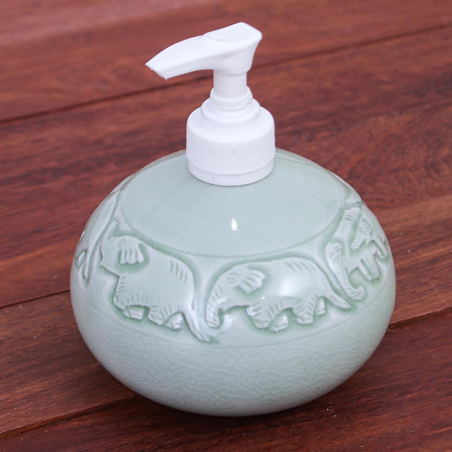 NOVICA Artisan Handcrafted Celadon Ceramic Soap Dispenser Green Thailand Decor Accessories Bathroom Vanity Animal Themed Elephant 'Elephant Bath'