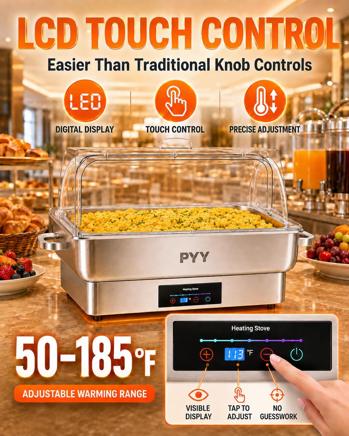 PYY Electric Chafing Dish for Buffet, 400W Stainless Steel Buffet Server and Warmer with Digital Touch Control, Clear Roll-Top Lid and 2 Half-Size Pans with Handles and Tray