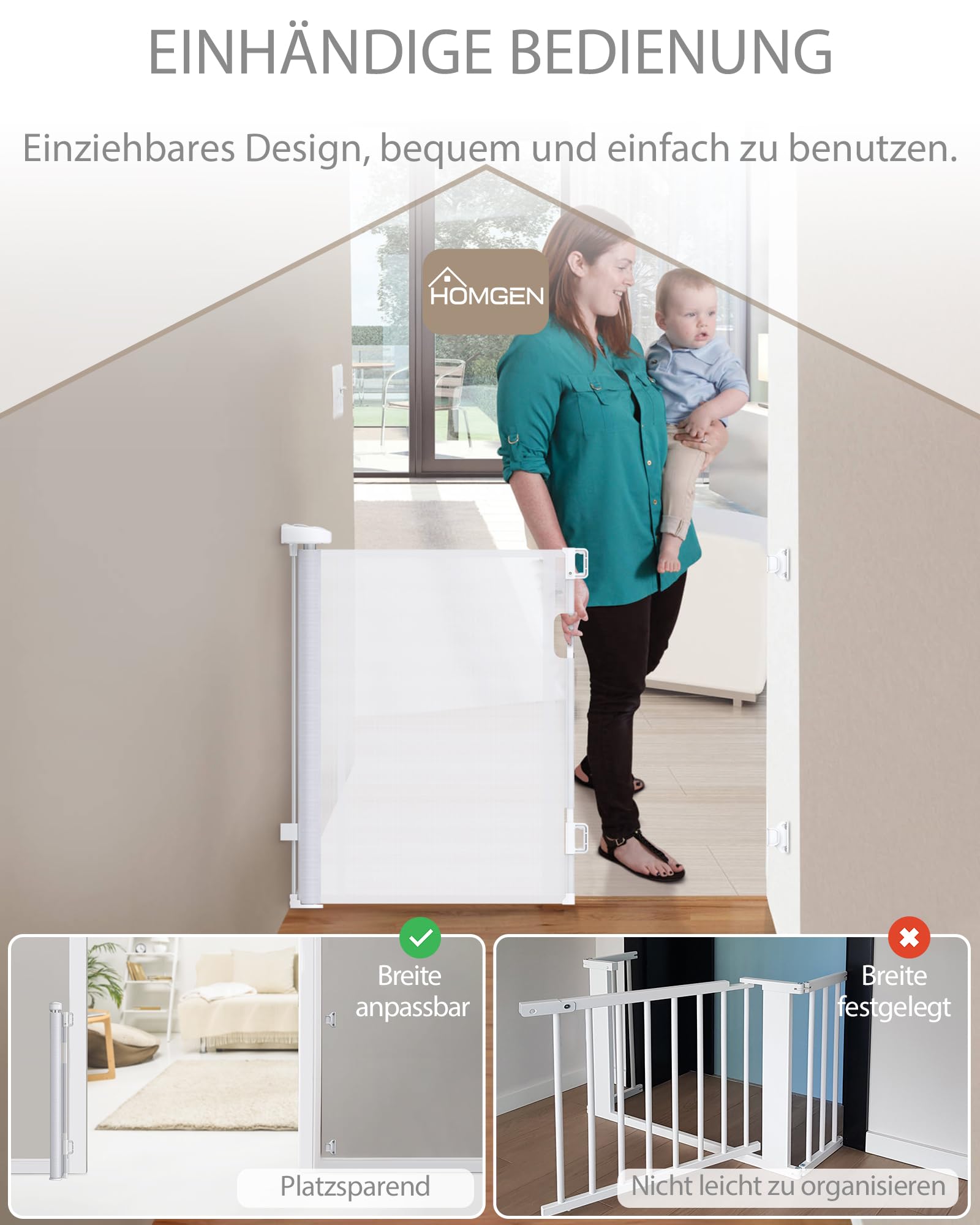 HOMGEN Treppenschutzgitter Türschutzgitter Kindergitter – Ausziehbar 0-300CM, Schutzgitter für Hunde Kinder, Einhandbedienung, Verstellbare Breite, Glasfaserverstärkt, Für Treppen, Türen- Weiß