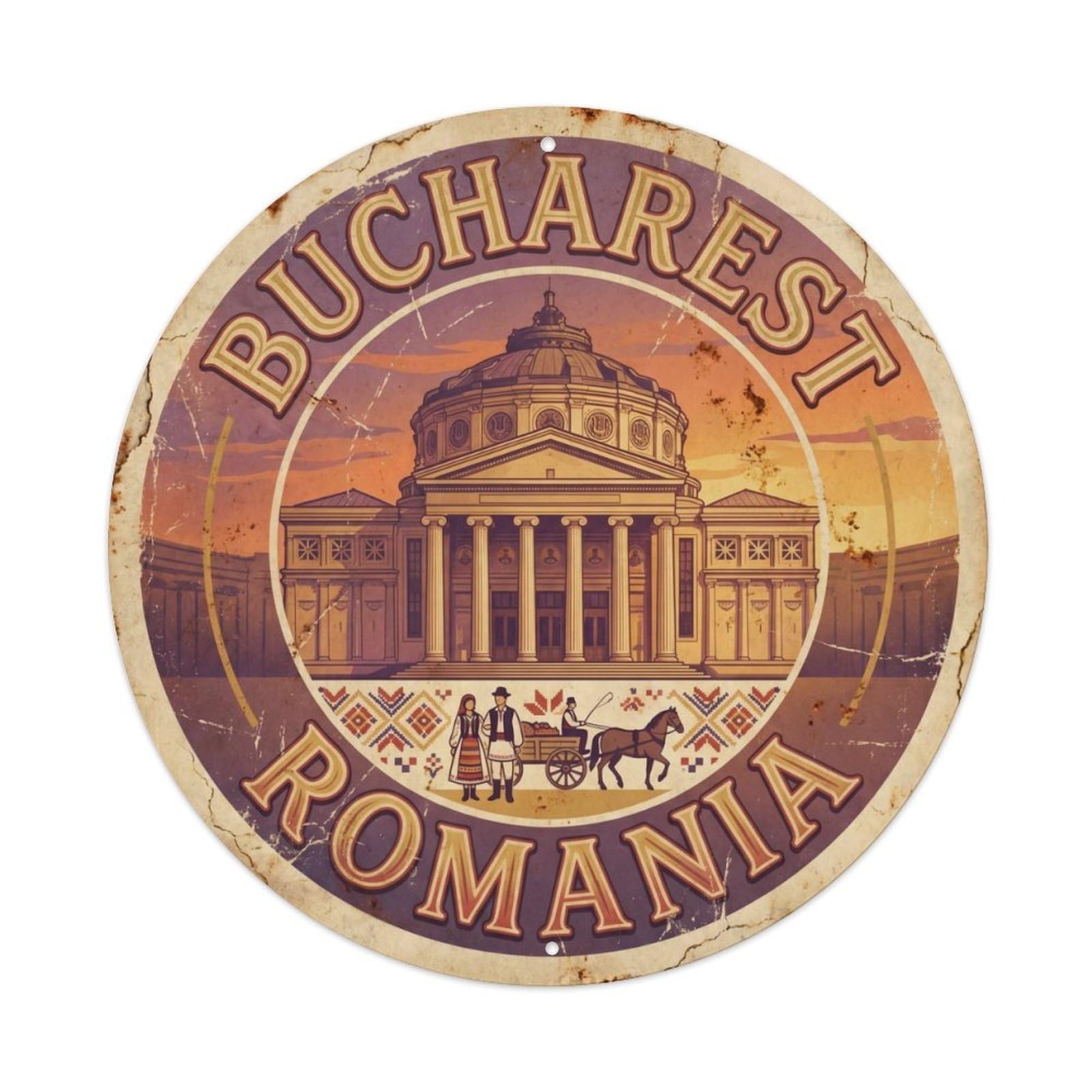 Vintage Travel Bucharest Palace Romania Metal Tin Sign Plaque