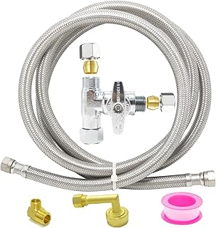TTFLEX Dishwasher Installation Kit, 10 FT Stainless Steel Braided Hose with 3/8" MIP Elbow, 3/8" Tee Stop Valve and 3/4" FHT Elbow