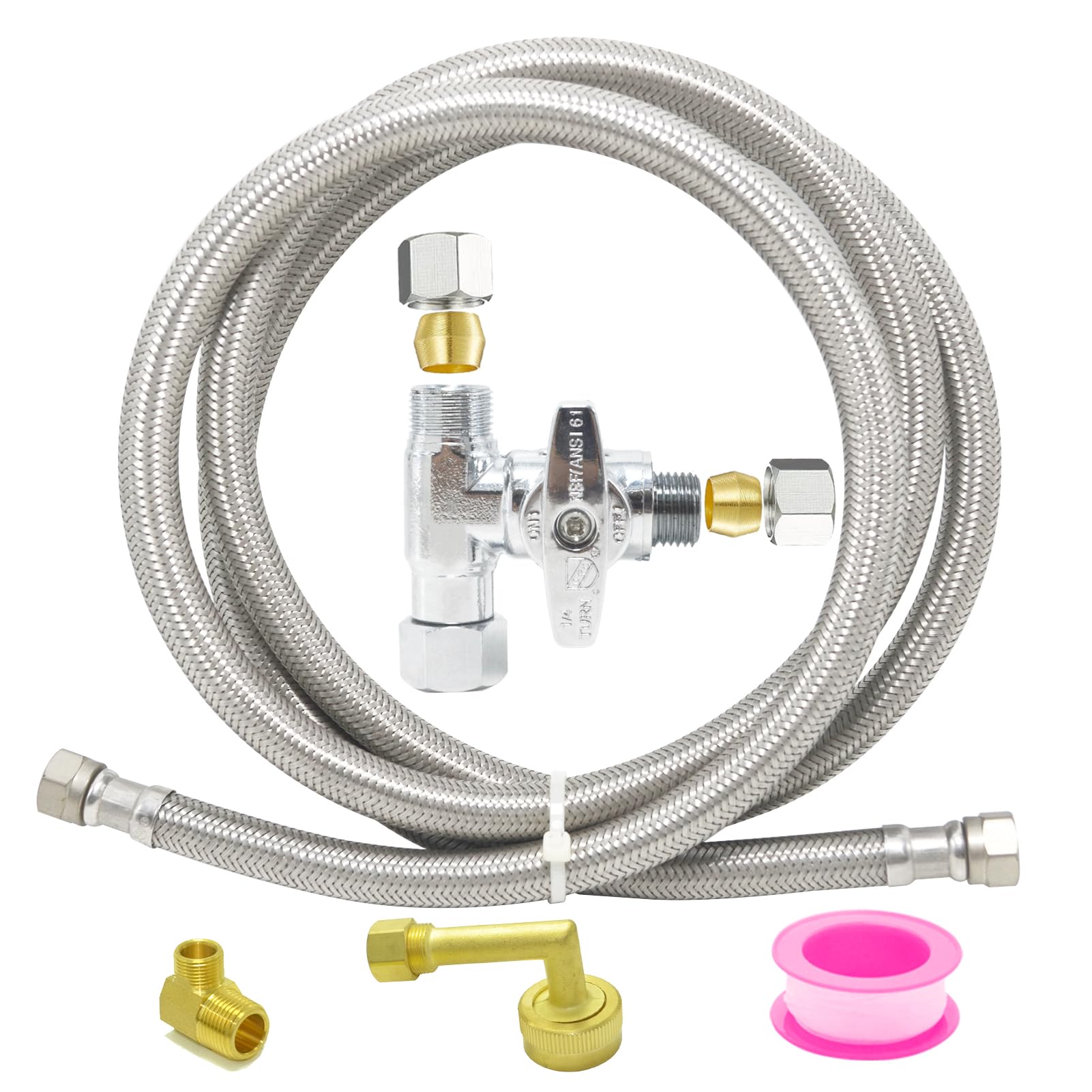 TT FLEXDishwasher Installation Kit Stainless Steel Braided Dishwasher Hose kit with 3/8"x3/8"x3/8" Tee Stop Valve,3/8"x3/8"MIP Elbow,3/8"x3/4"FHT Elbow- 10 FT