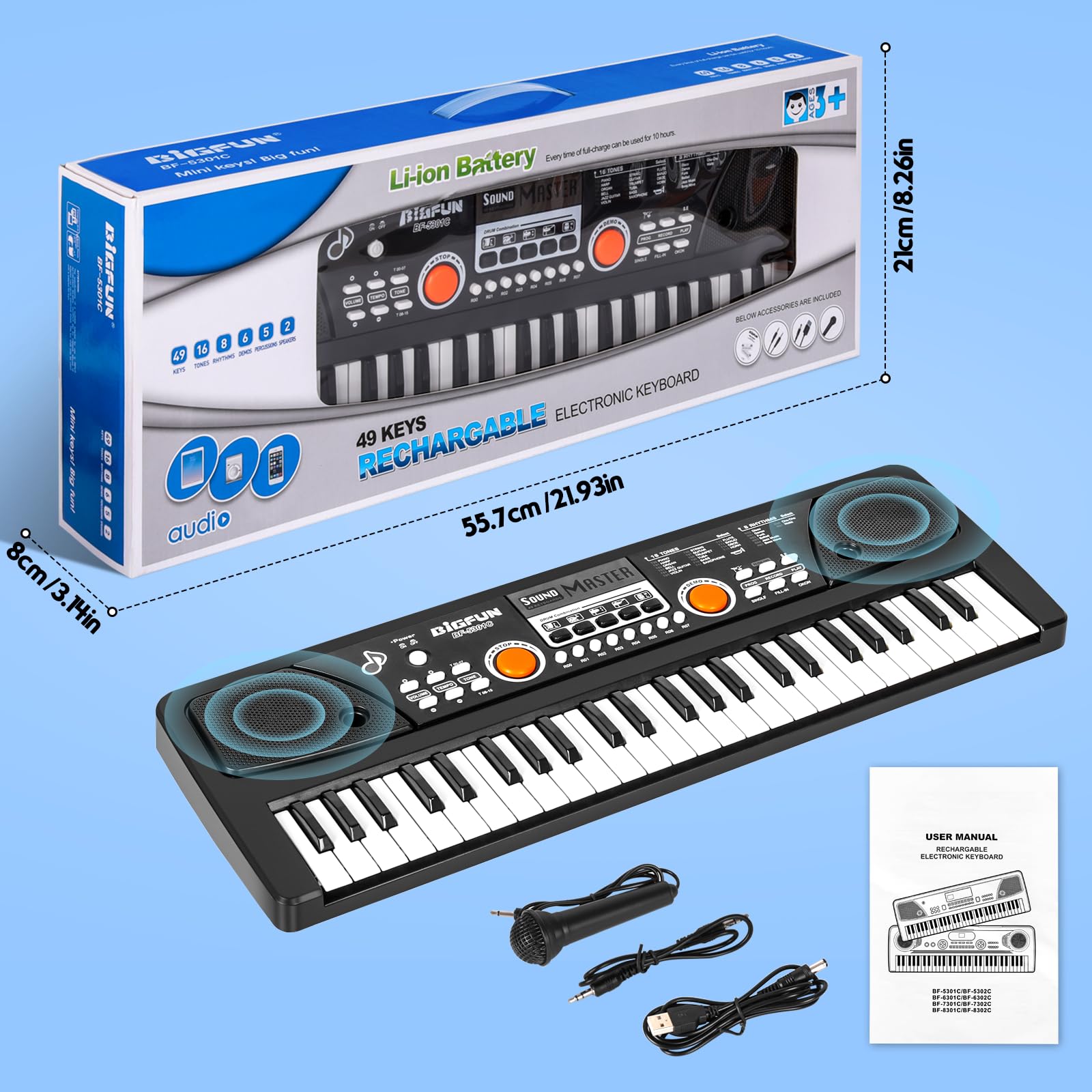 m zimoon Teclado Pianos 49 Teclas, Piano Electrónico con micrófono, Electrónico Música Teclado Piano Cumpleaños Regalos del día de Navidad Edad para Niños de 3 a 12 Años, Niñas y Niños