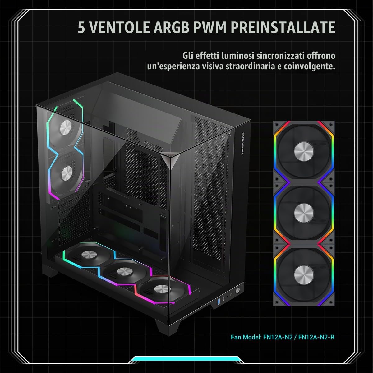 GAMEMAX Infinity PRO BK Case per PC ATX Midi Tower, vetro panoramico a 3 lati, ventola PWM 5X ARGB preinstallata, USB-C & Aura Sync, scheda madre BTF, raffreddamento ad acqua fino a 360 mm, nero