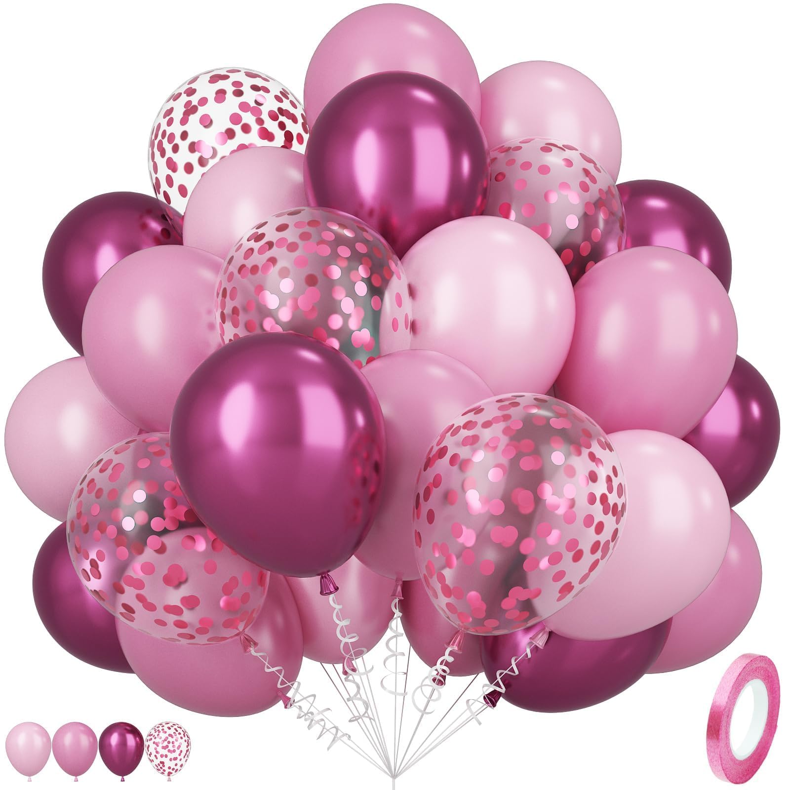Pink Balloons, 12 Inch Metallic Hot Pink Pastel Balloons with Confetti Balloon, Party Balloon for Girl Women Baby Shower Wedding Bride Birthday Party