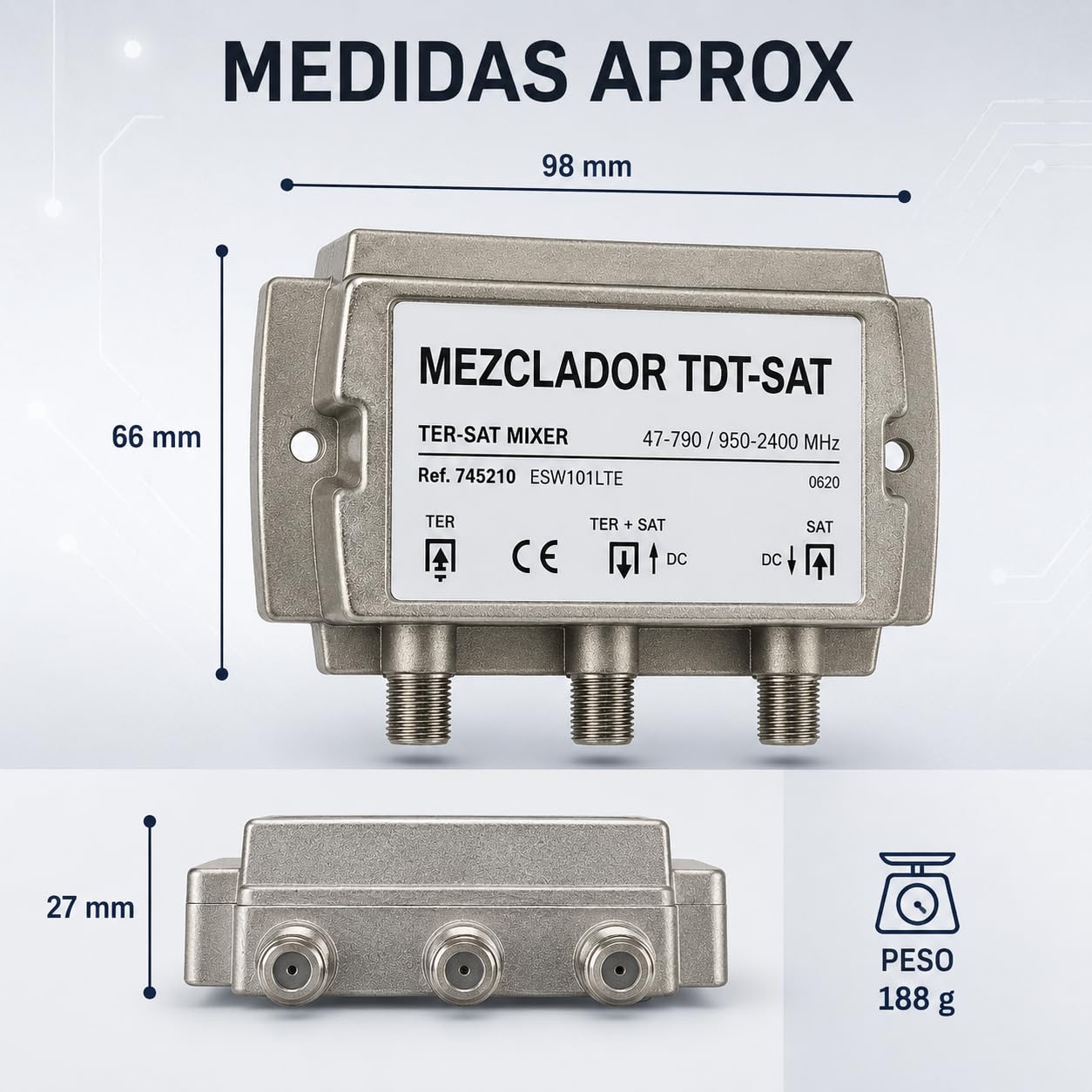 CABLEPELADO Mezclador de señal terrestre y satélite | TDT-SAT 1.5dB | Apto para distribuir las señales de TDT y Satélite por el mismo cable