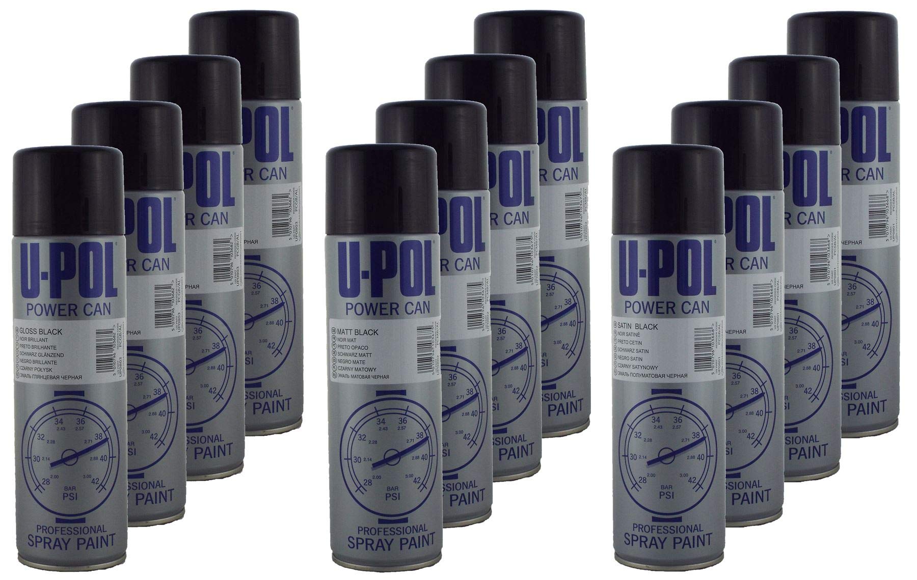 UPOL U-POL Power Can 500ml Black Aerosol Spray Paint X4 Gloss X4 Satin X4 Matt