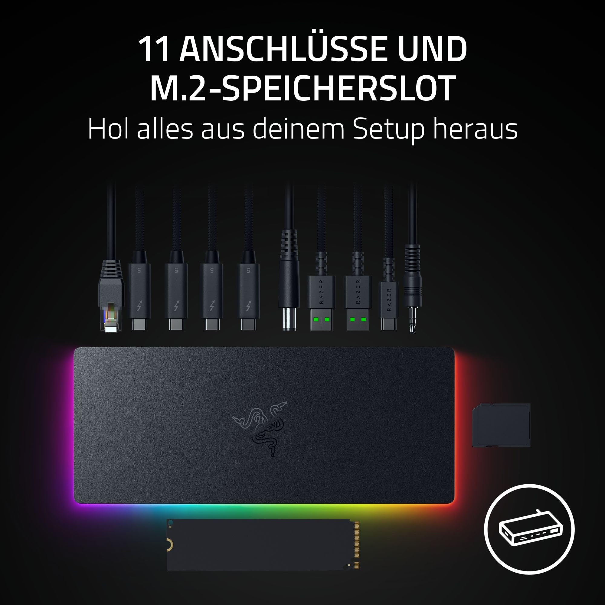 Razer Thunderbolt 5 Dock Chroma - 10 Anschlüsse mit M.2-Speicherslot - 3X 4K-Displays mit 144 Hz oder 1x 8K-Display - Thunderbolt Share-fähig - 140W Passthrough - EU Stecker - PC/Mac | Schwarz