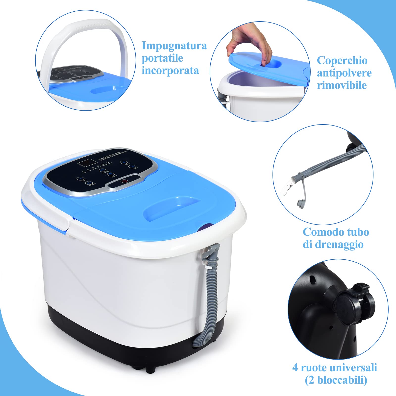 RELAX4LIFE 48 Pediluvio Massaggiatore Piedi Elettrico con Doccia, Riscaldamento Rapido e Mantenimento Temperatura, Sterilizzazione a Infrarossi e Timer 60min con Rotelle, Fino al 48