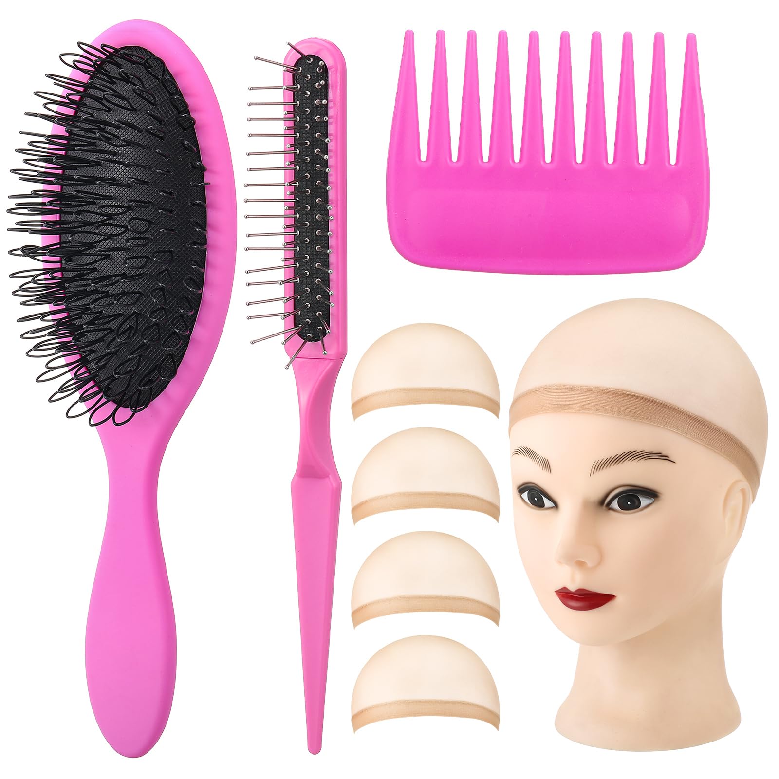 auroray 3Pcs Pink Wig Brush Comb Set with 4Pcs Wig Caps, Professional Hair Extension Loop Brush 3 Row Wire Brush Wide-Tooth Comb for Human and Synthetic Hair