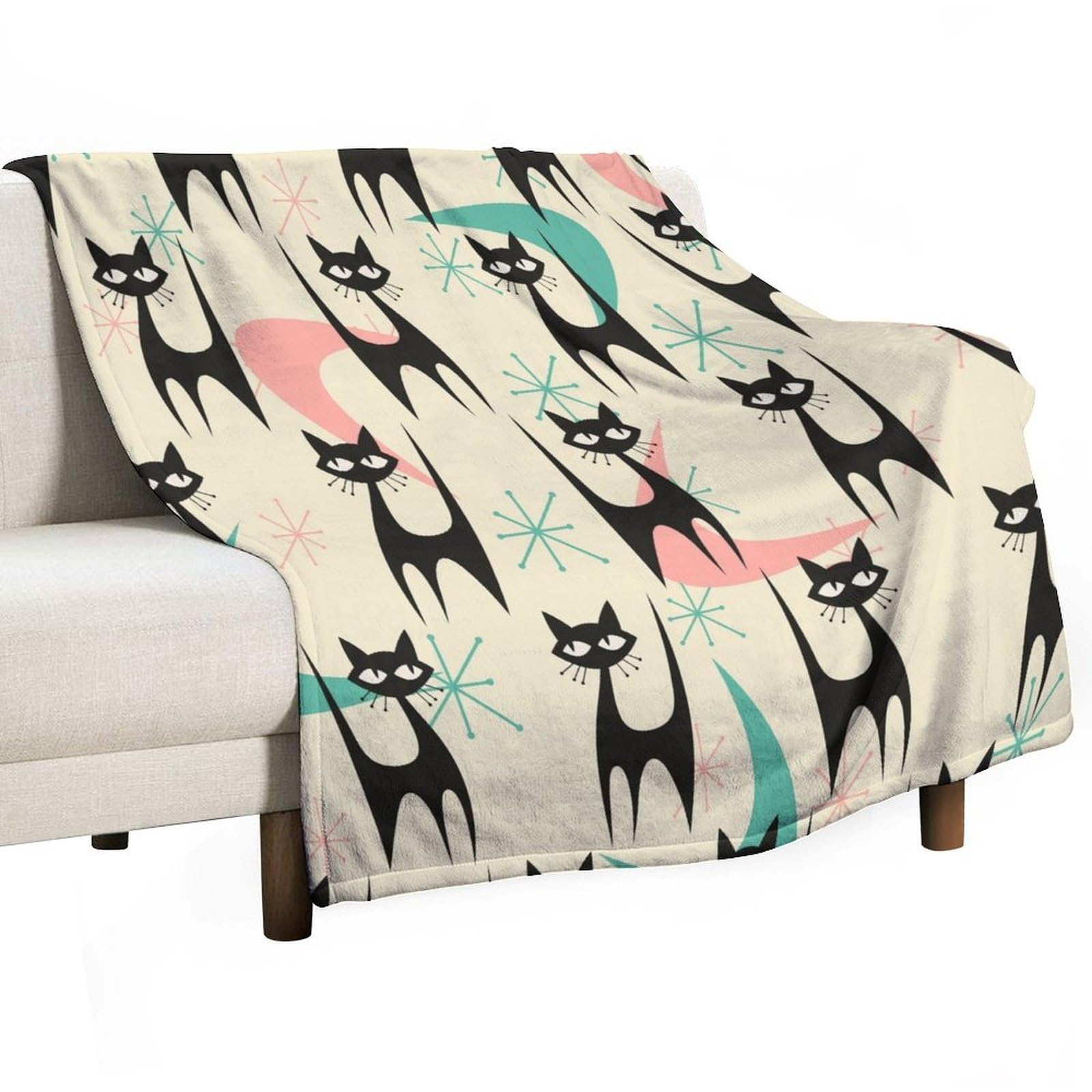 Mid Century Modern Blanket Mid Century Colorful Modern Cat Silhouette Atomic Age Starbursts for Bed Sofa Super Soft Cozy Shaggy Blanket for Trave and Camping 50"x60"