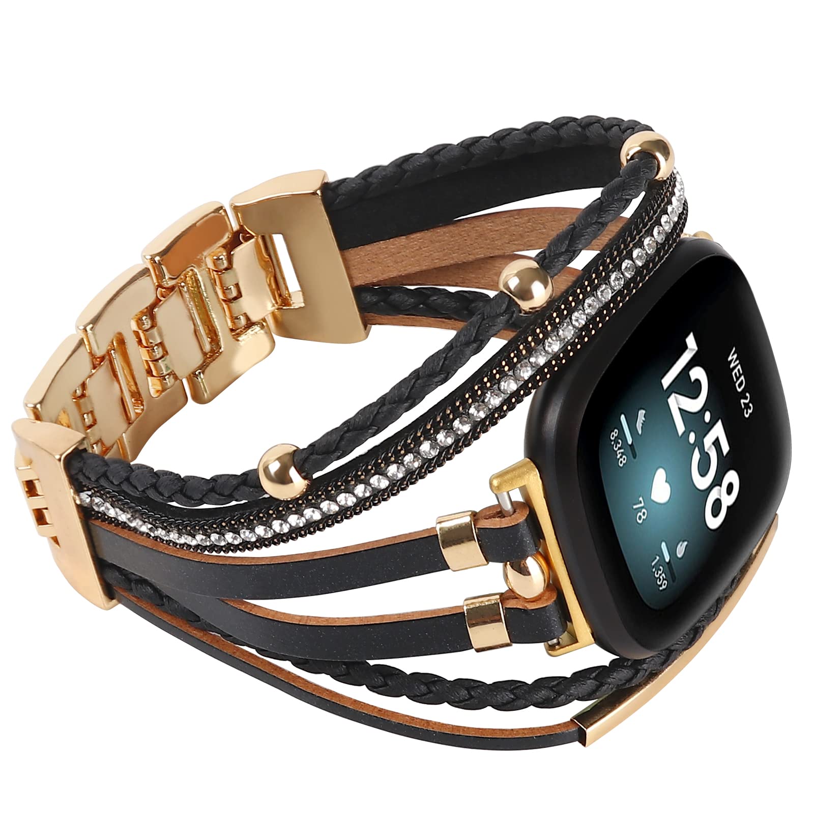 Posh Leather Bands Compatible with Fitbit Versa 3/Fitbit Sense, Women Boho Stylish Multilayer Wrap Bracelets Wristband, Handmade Adjustable Jewelry Strap for Sense/Versa 3 Smart Watch