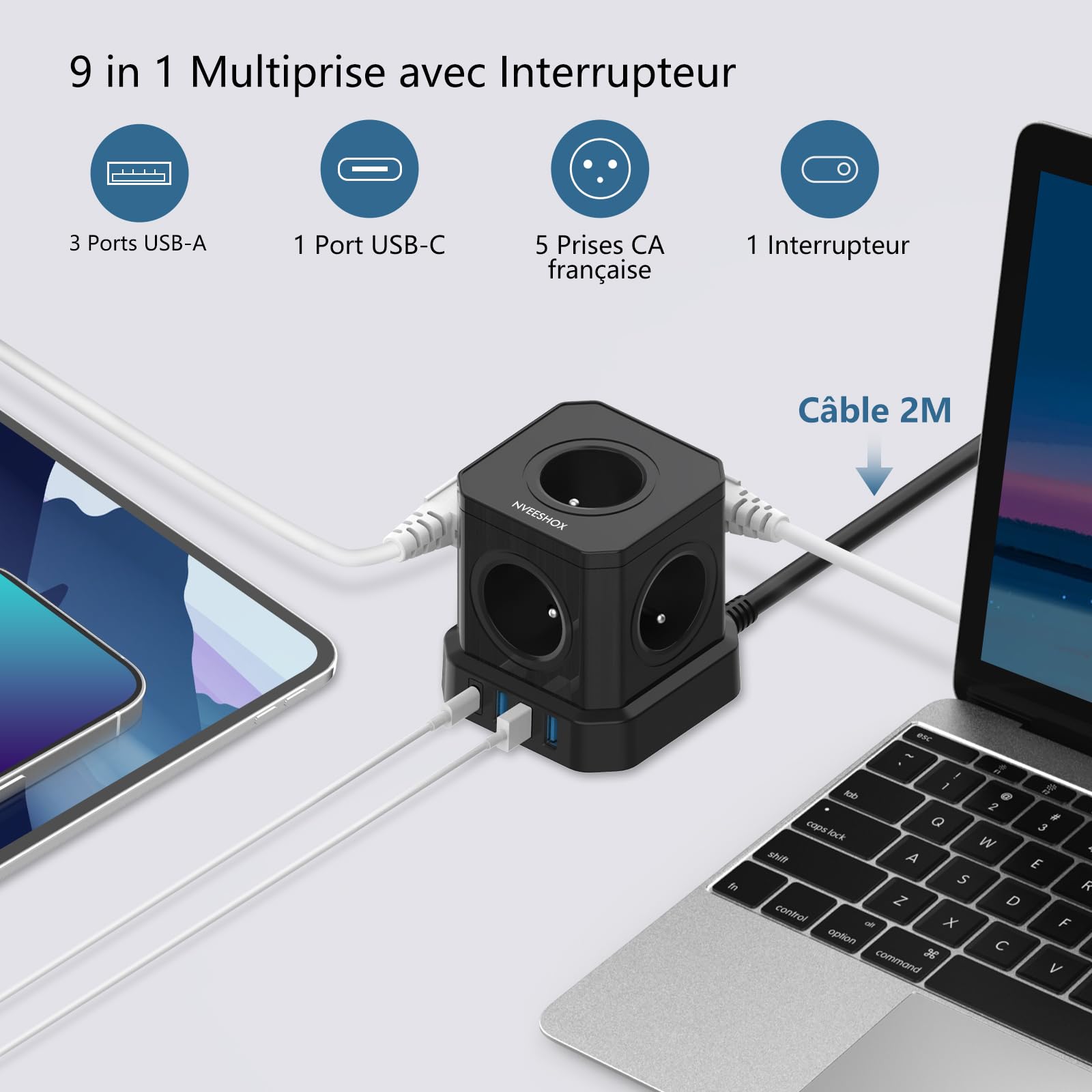 NVEESHOX Cubo Multipresa a 5 prese con 3 porte USB +1 USB C PD20W porte | Multipresa Scaricatore con Interruttore, (16A/4000W) - Blocco multipresa elettrica cavo 2M per casa ufficio, viaggio (nero)