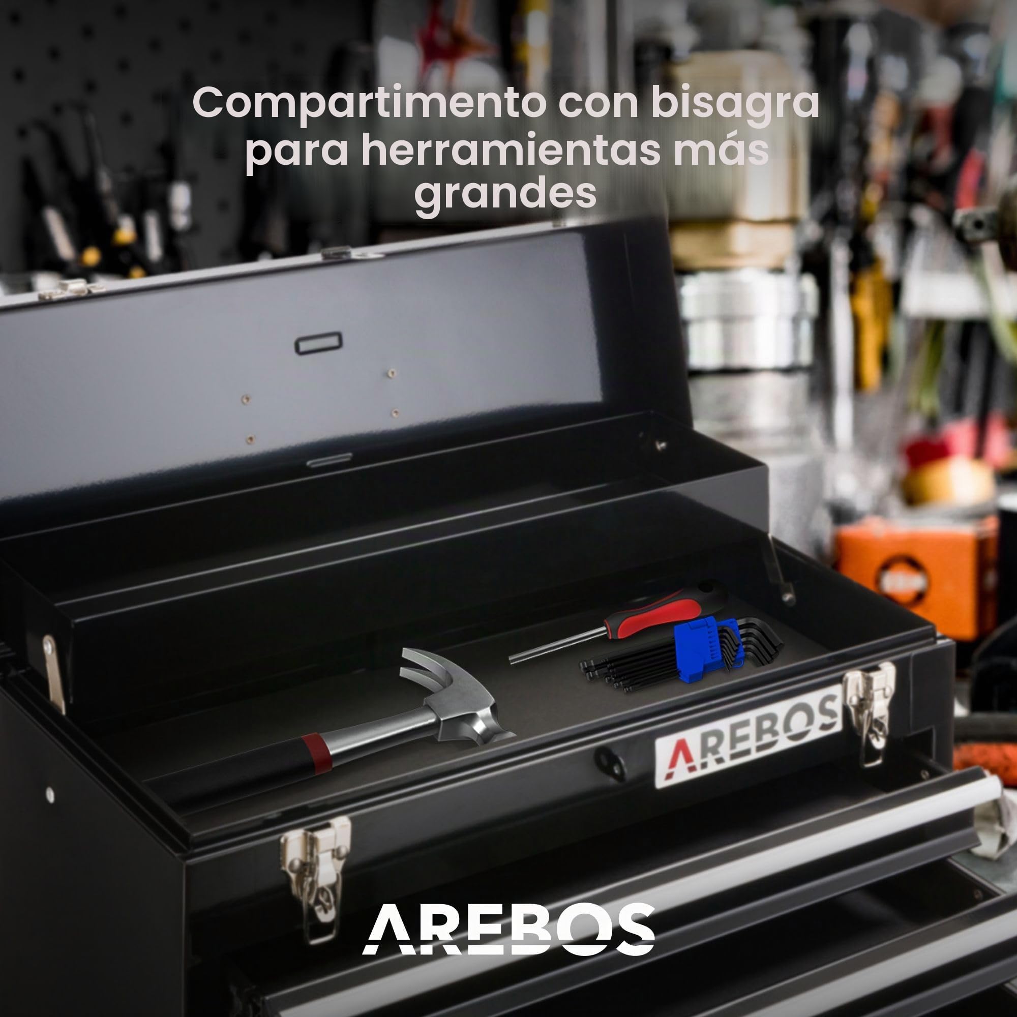 Arebos Caja de Herramientas | 3 Cajones | con Alfombras Antideslizantes | incl. Asa de Transporte y Cierres Rápidos | Negro