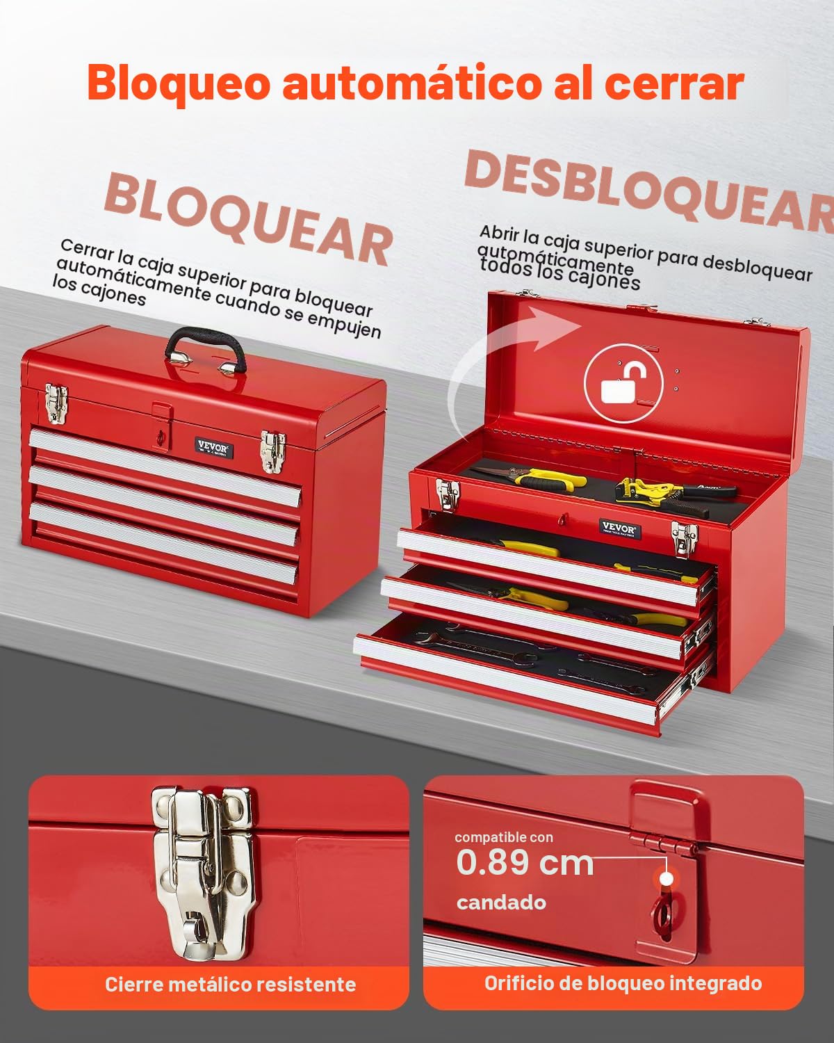 VEVOR Caja de Herramientas Portátil de Metal 520 x 218 x 304 mm, Cofre de Herramientas Pequeño con 3 Cajones y Revestimiento de EVA, Cajones Deslizantes con Cojinetes de Bolas con Cerradura, Rojo