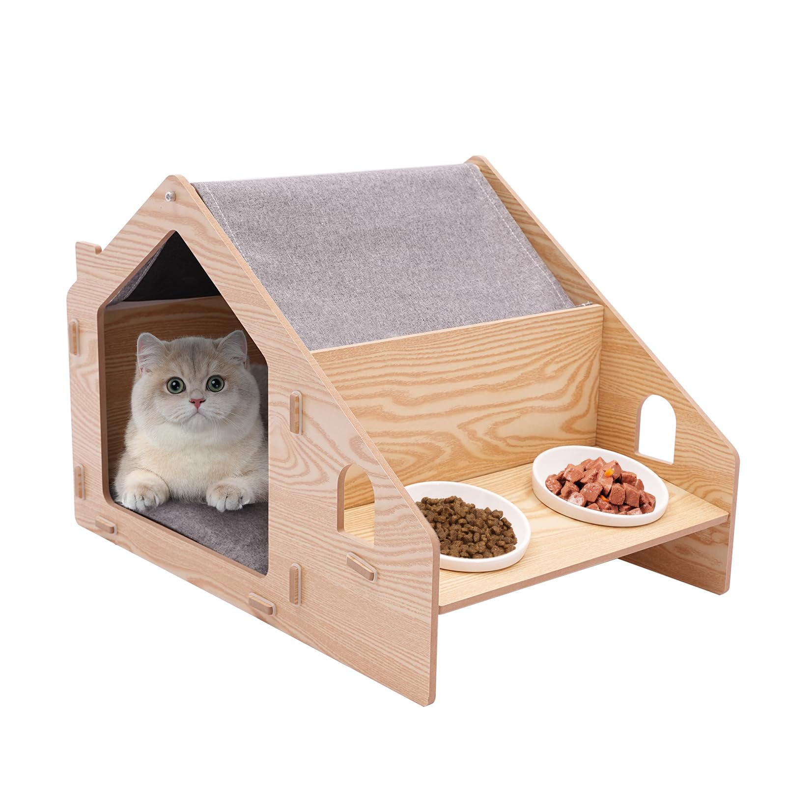 WUSILILU Cat House for Indoor Cat, 22.8 * 16.1 * 15.7inch Pet House Cat Cave with Mat and 2 Bowls, Pet Bed Condos Cabin with Cushion for Cats Up to 22 Lbs Or Dogs Up to 16.53 Lbs, Log Color