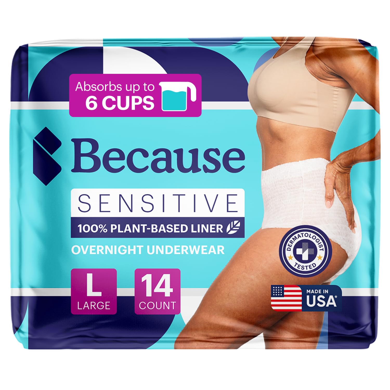 - Because Adult Incontinence Underwear for Sensitive Skin - Women - Premium Overnight Disposable Briefs, Anti Odor - White, Large - Absorbs 6 Cups - 14 Count (Pack of 1)