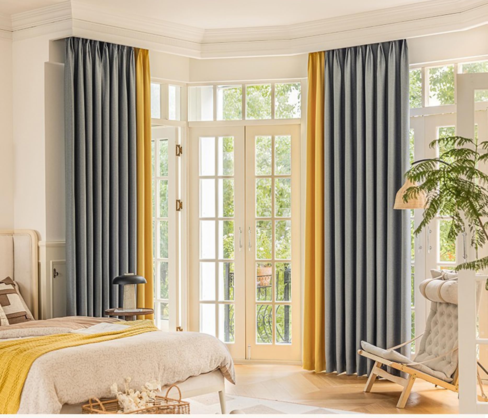 Rideau occultant gris jaune aspect lin 300x210 cm avec bride à l'arrière lot de 2 Beydodo