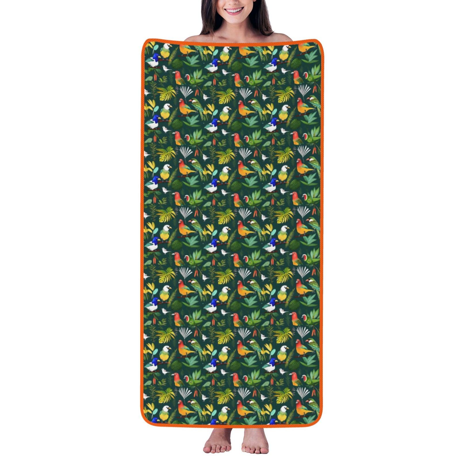 Nimongt Unisex Orange Tropical Birds And Plant Leaf Print Lightweight Comfort Coral Velvet Bath Towel Home Bathroom Hotel Spa Beach Travel