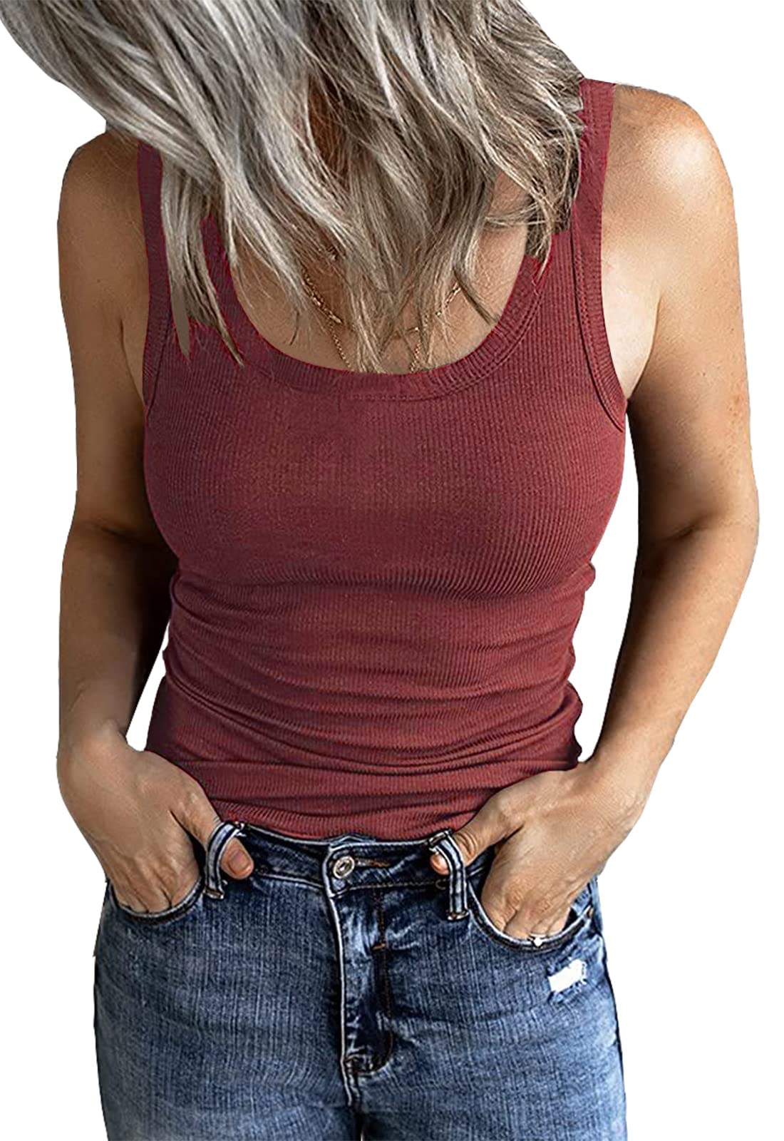 GEMBERA Women's Sleeveless Scoop Neck Ribbed Tank Tops Fitted Basic Cami Tee Shirts