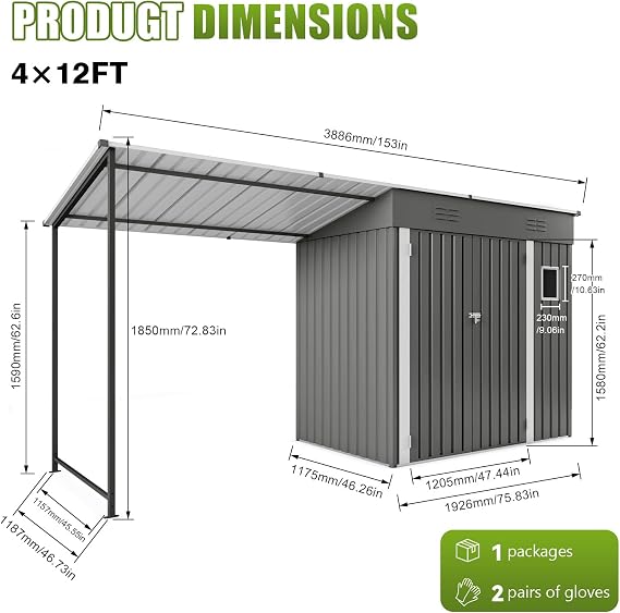 12x4FT Metal Lean-to Shed with Open-Sided Pergola, 4'x6' Outdoor Storage Shed & 6'x4' Hardtop Gazebo Combo, 2-in-1 Garden Storage Tool Shed for Patio, Backyard, Outdoor Organization Structure