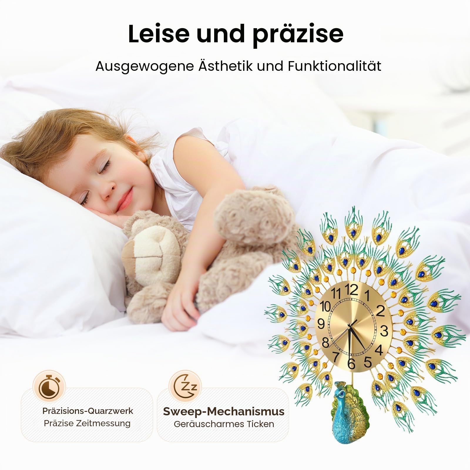 Moderne Wanduhr Groß 3D Pfau Wanduhren mit Metallzifferblatt, Nicht Tickende Leise Digitale Wanduhren Luxus Bunt Wohnkultur Europäische Pfauen Wand Uhr 60cm