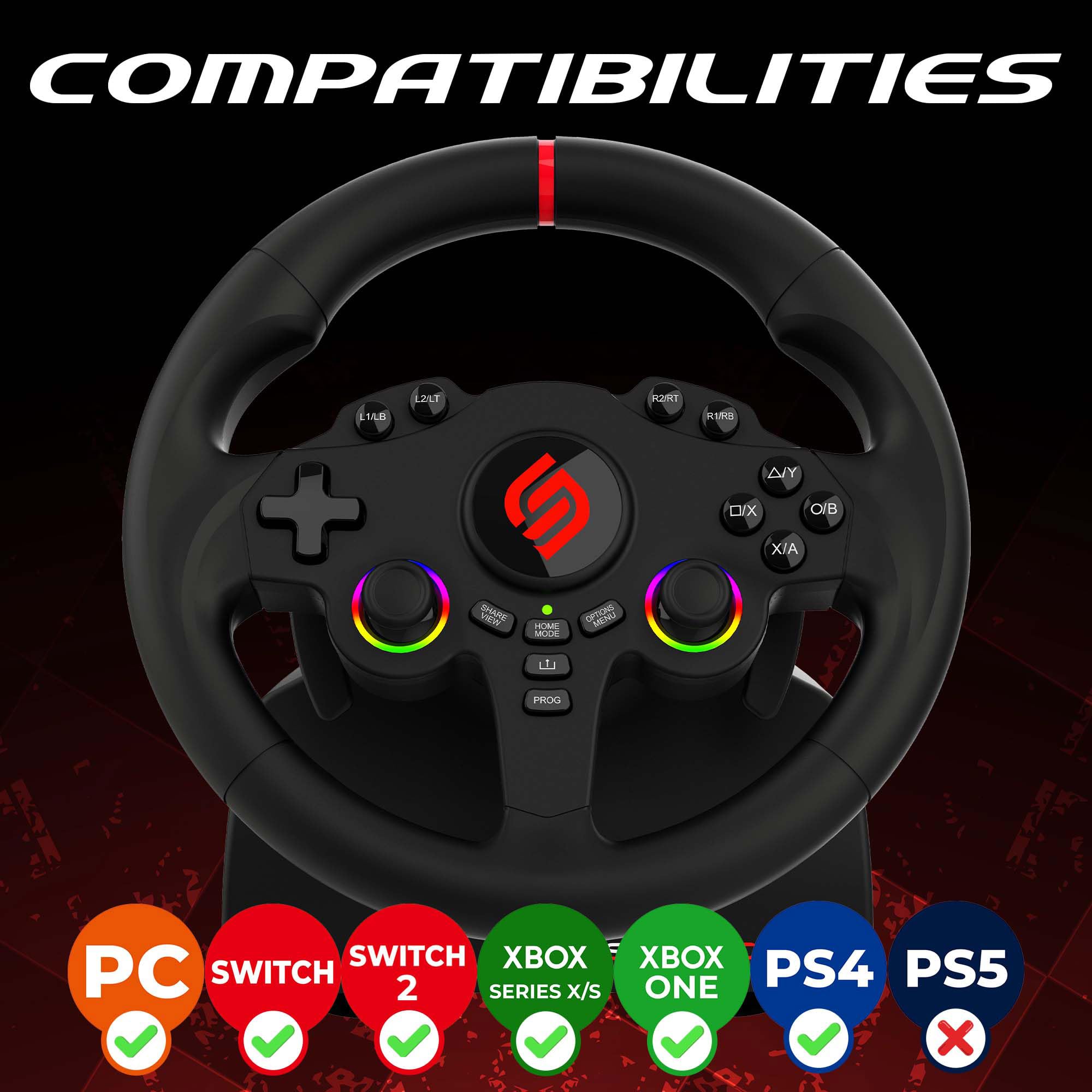 Subsonic - Volant Superdrive 220RS - Switch 2/Switch, PS4, PC, Xbox - Noir | Volant de Course Double Joysticks pour GTA 6 - LED - Vibrations - Diamètre 22 cm, Rotation 180° - Livré avec Pédales