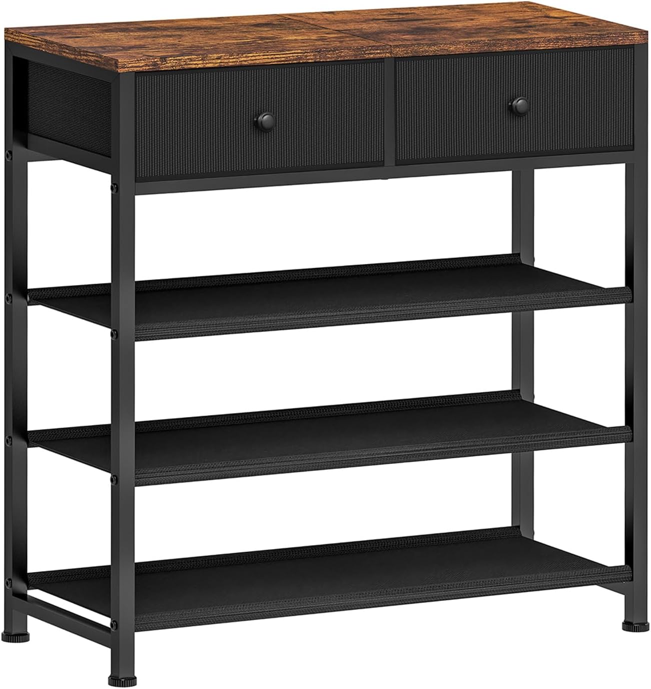 Usikey 4 Tier Shoe Rack With 2 Drawers, Metal Shelf for 9-12 Pairs, 3 Fabric Shelves and Wooden Top, Storage Organizer Stand for Closet Entryway, Black Black 4 Tier ( 28.3 x 11 x 29.5 inches)