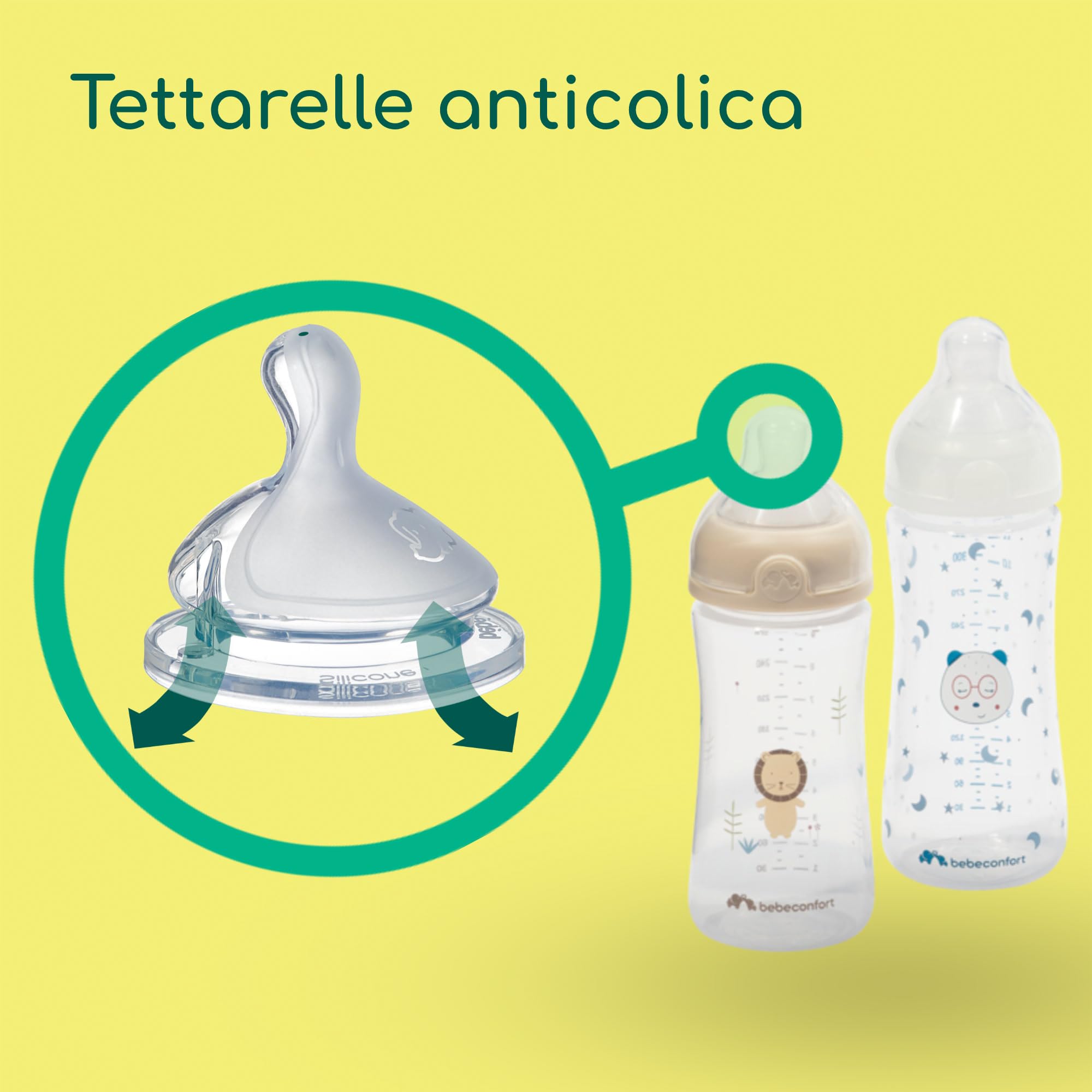 Bebeconfort Kit Biberon Neonato Physio Air Cresce-con-Me, Biberon Anticolica, 0+ mesi, Include 4 Biberon Neonato, 3 Misure di Tettarelle, Succhietto Anatomico, Design che si illumina al buio