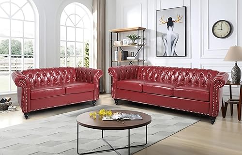 wirrytor Juego de 2 muebles de sala de estar sofá Chesterfield de piel sintética sofá Chesterfield y sofá Chesterfield de dos plazas con brazos de